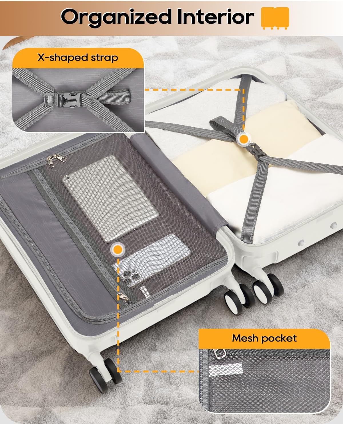 Joyway Carry on Luggage Airline Approved with Front Pocket, Hardside 20 Inch Travel Luggages with Cup Holder, Carry-on Suitcase with Spinner Wheels for Men and Women (White, 20 Inch)