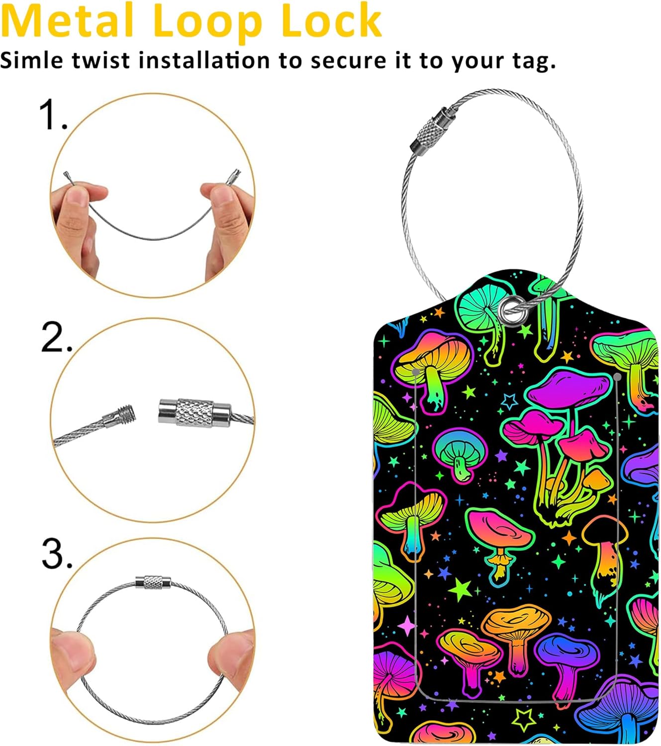 2 Pack Luggage Tags for Suitcases,Colorful Mushrooms Luggage Tag,PU Leather Id Label Luggage Tags with Stainless Steel Loop and Privacy Cover for Women Men Teens Travel