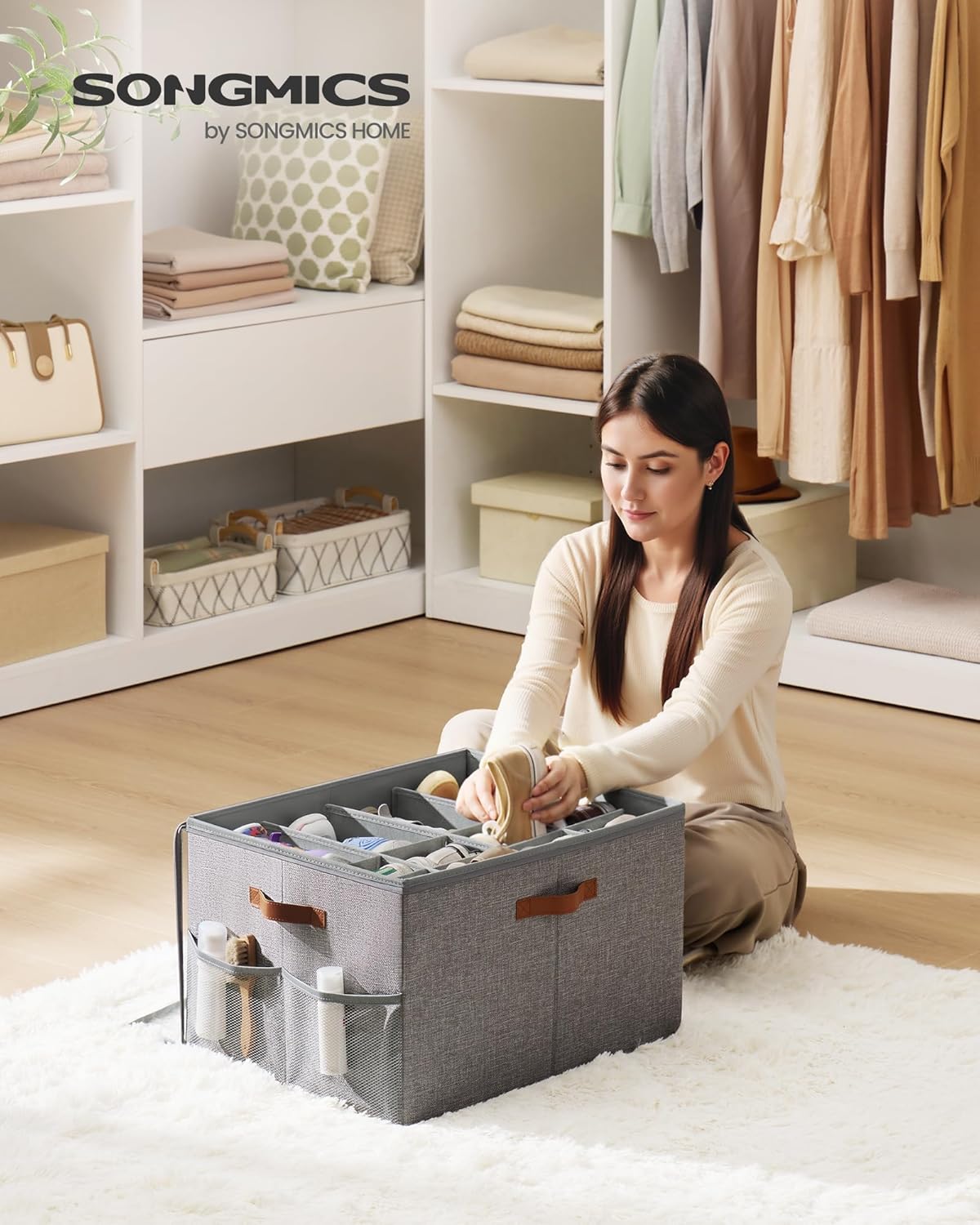 SONGMICS Shoe Organizers for Closet, Pack 2 Shoe Storage Bins, Fits 32 Pairs, Fabric Containers with Handles and Clear Cover, Adjustable Dividers, Customizable, Dove Gray ULSP556G01