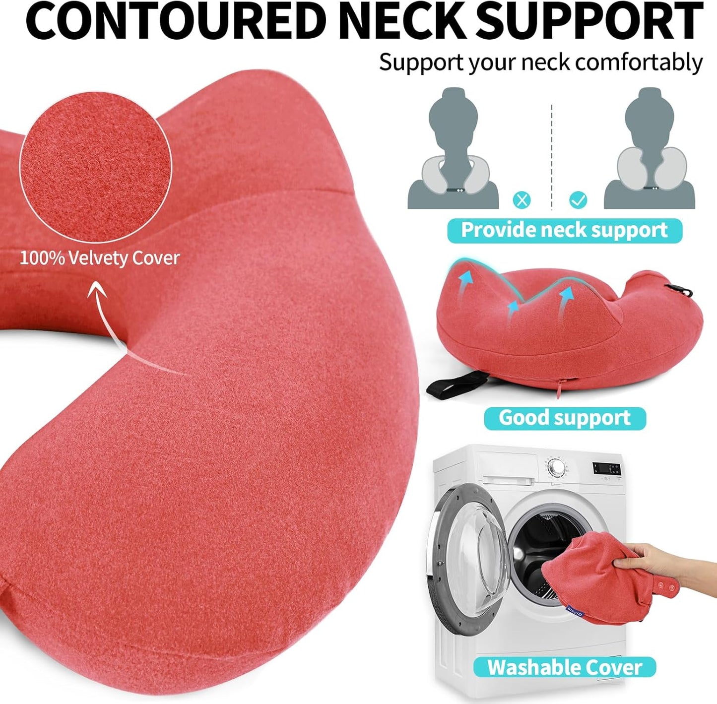 Inflatable Travel Neck Pillow for Airplane, Head Support Velvet Adult Neck Pillow for Long Flight, Kit with Eye Mask, Earplugs and Storage Bag,1, Rose Pink