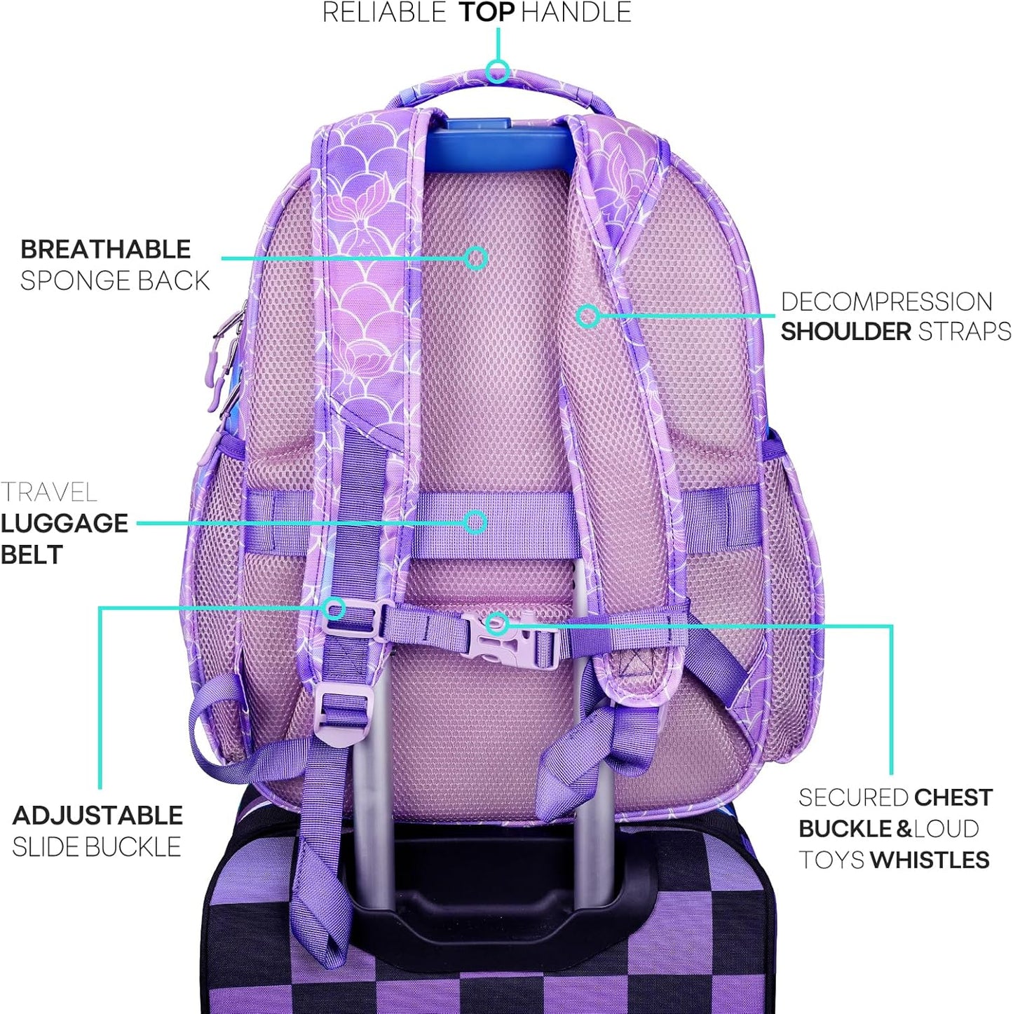 mibasies Girls Backpack: Large Kids Backpack Girls for Elementary School with Laptop Compartment - Mermaid Tail