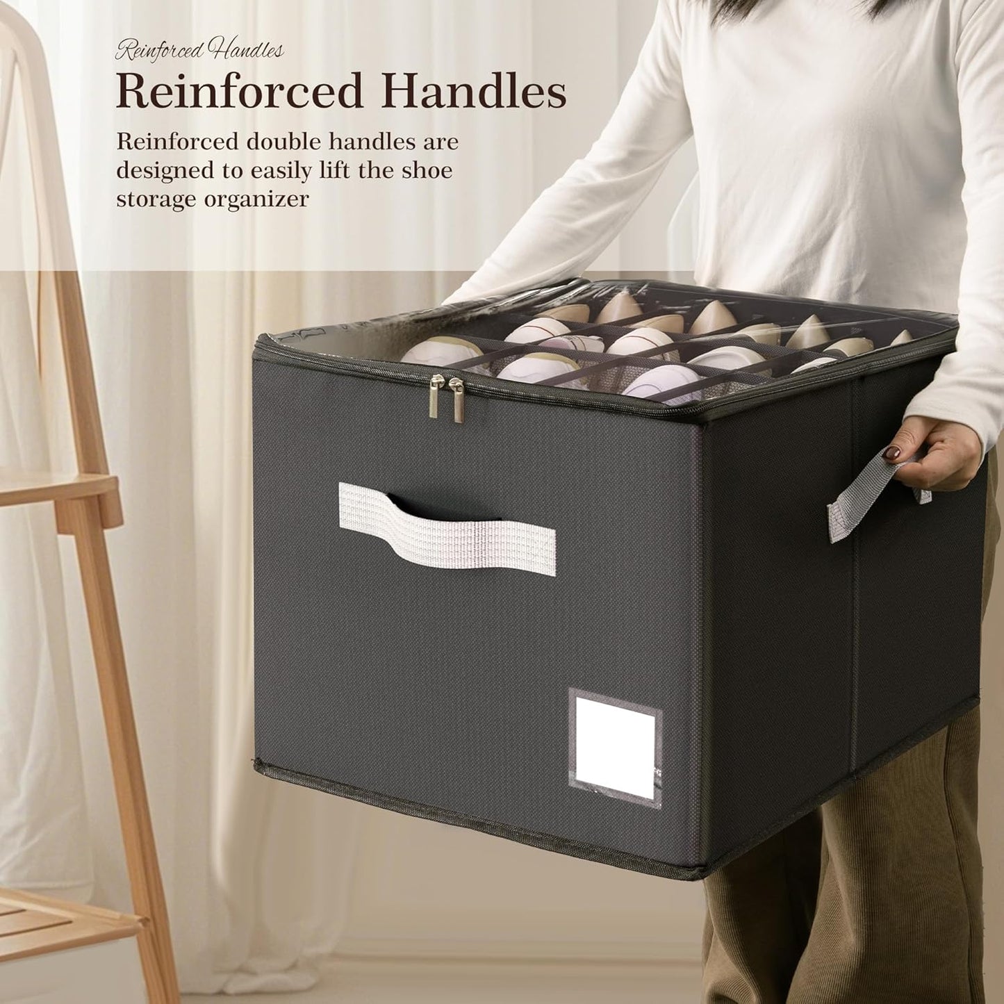 Criusia Shoe Organizer for Closet, Foldable Shoe Storage Organizer with Clear Cover and Sturdy Handles, Fit 12-16 Pairs, Closet Organizer for Shoes Sneakers Sandals Heels, 2 Pack, Black