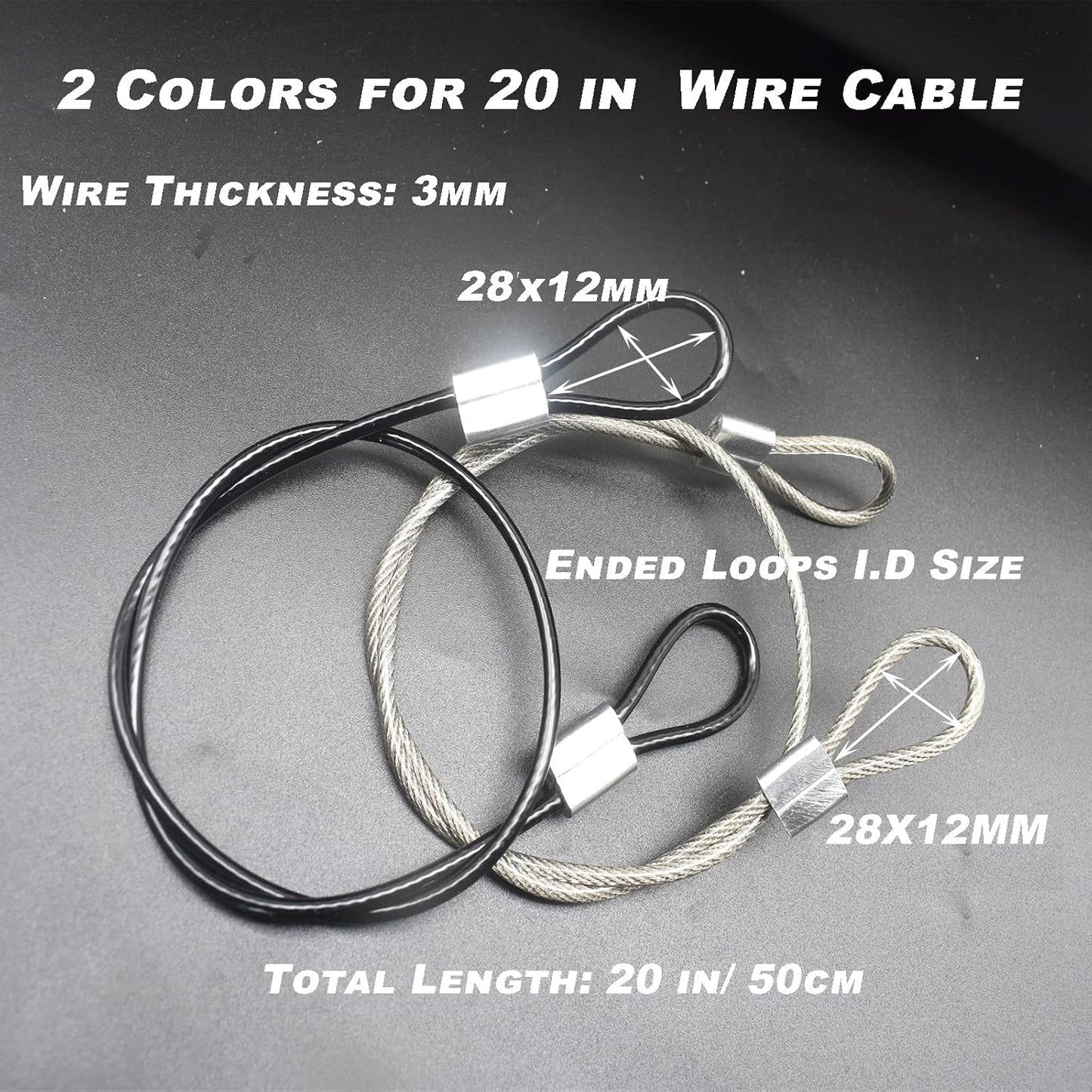 10 pcs 20 inch (50cm) 3mm Thickness Stainless Steel Wire Cable with Loops Vinyl Cover Coated Short Rope Lanyard Lock Safety Tether Chains, Black