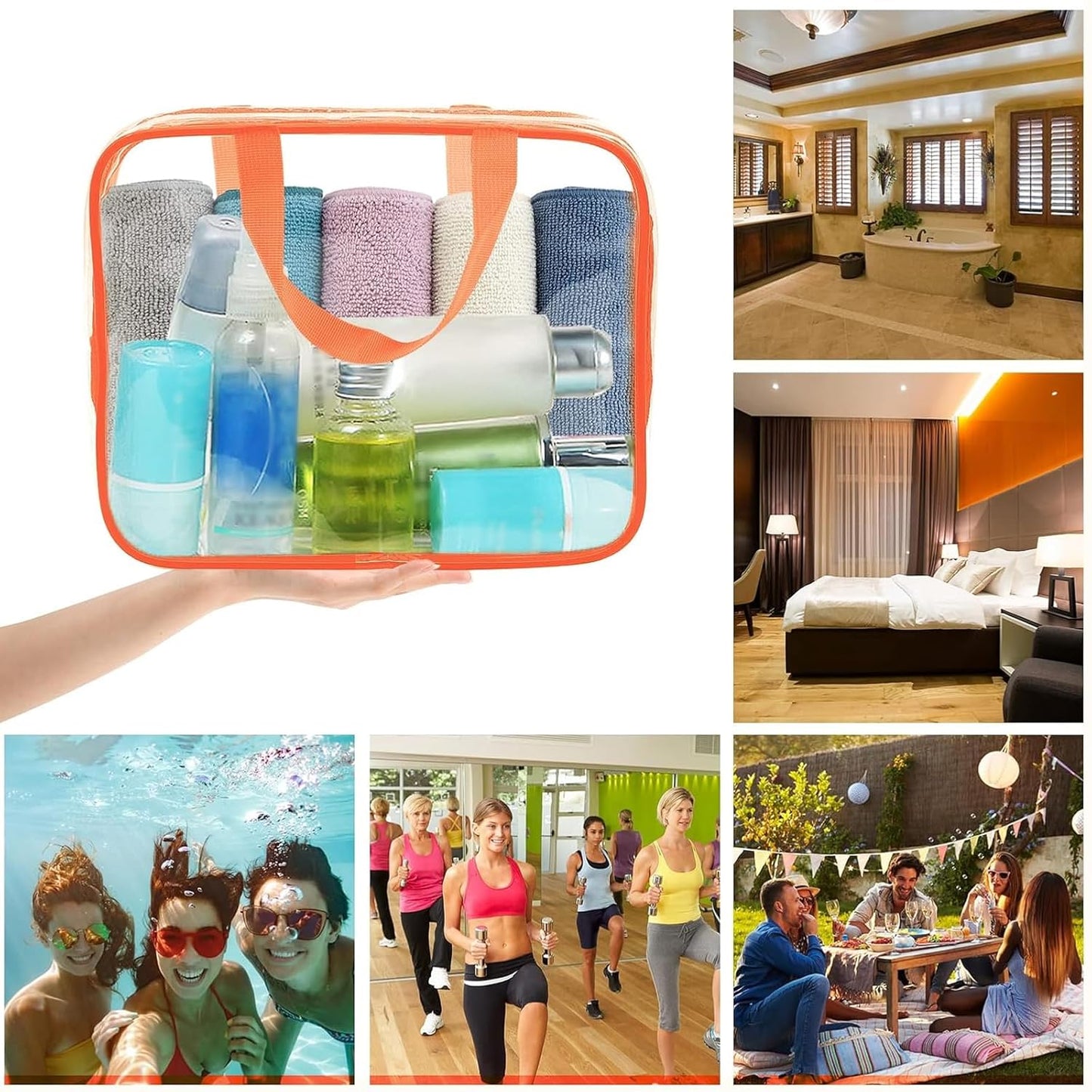 APREUTY Clear Makeup Bags, TSA Approved 6 Pcs Cosmetic Makeup Bags Set Clear PVC with Zipper Handle Portable Travel Luggage Pouch Airport Airline Vacation Organization (Orange)