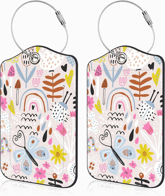 2 Pack Luggage Tags for Suitcases Rainbow Butterfly Mushroom Flower Leather Luggage Tags Privacy Cover ID Label with Stainless Steel Loop and Address Card for Women Men Travel Bag Backpack