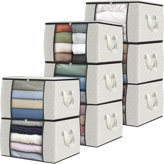Fab totes 8 Pack Clothes Storage, Foldable Thick Fabric Blanket Storage Bags, Containers for Organizing Bedroom, Closet, Clothing, Comforter, Organization with Handle,Ivory White