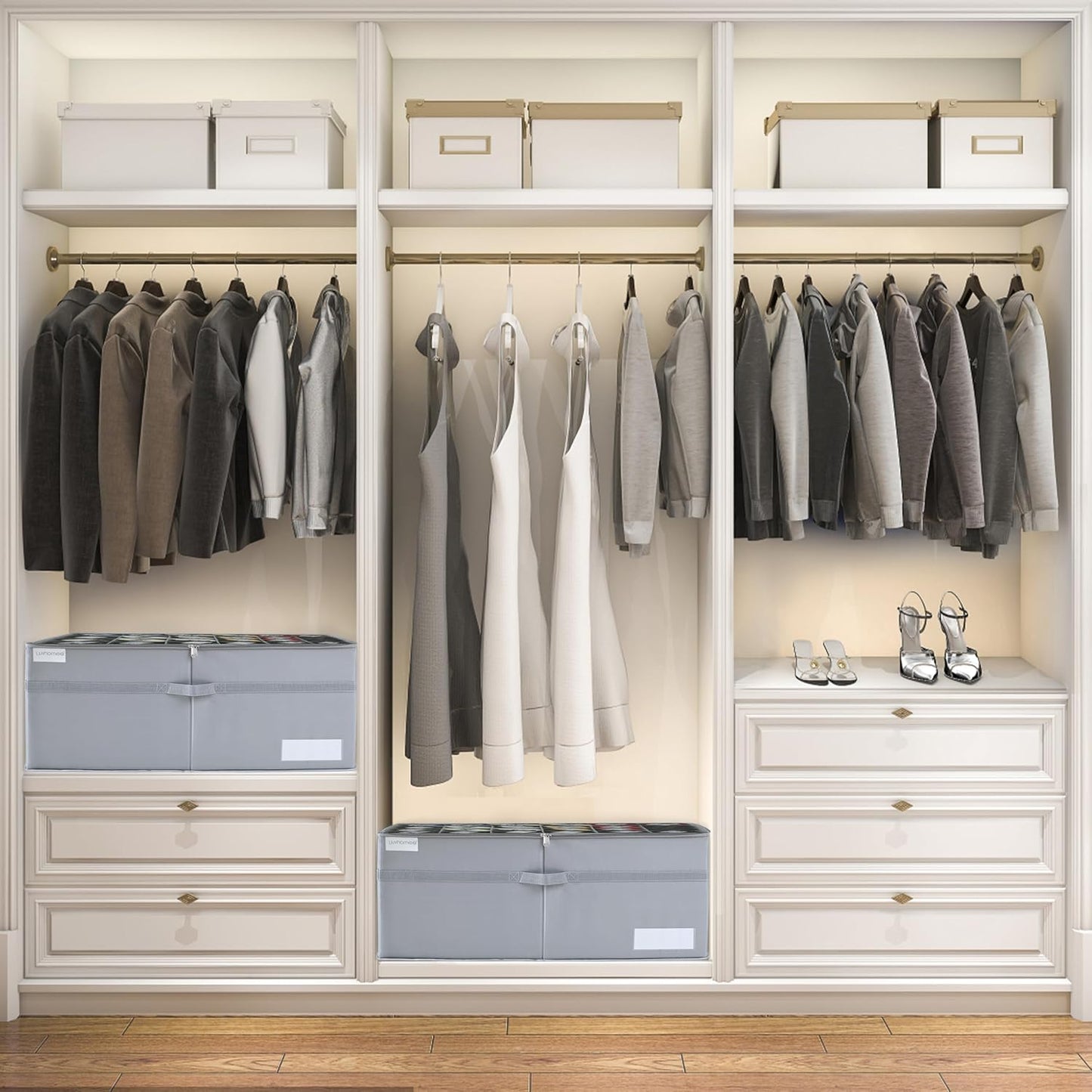 LUVHOMEE Shoe Organizer for Closet, Fits 24 Pairs, Large Shoe Box Storage Containers, Clear Foldable Shoe Storage Bins w/Bottom Support, Space Saving Closet Shoes Holder w/Reinforced Handles, Gray