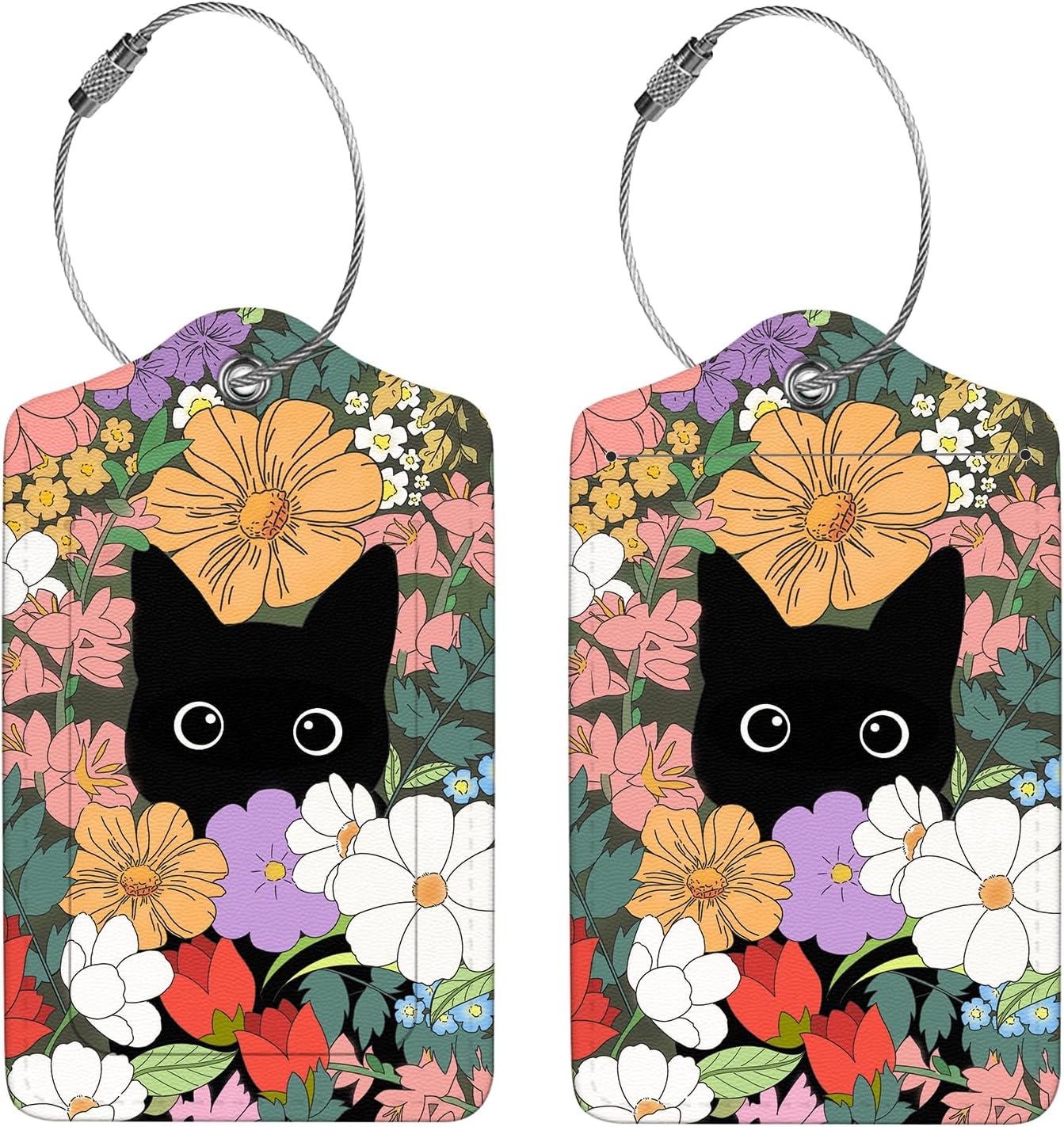 2 Pcs Luggage Tags for Suitcases, PU Leather Cruise Ship Luggage Tags with Privacy Cover Label Address Card and Durable Metal Ring Suitable for Men Women Handbags Backpacks,Flower Bushes and Cats