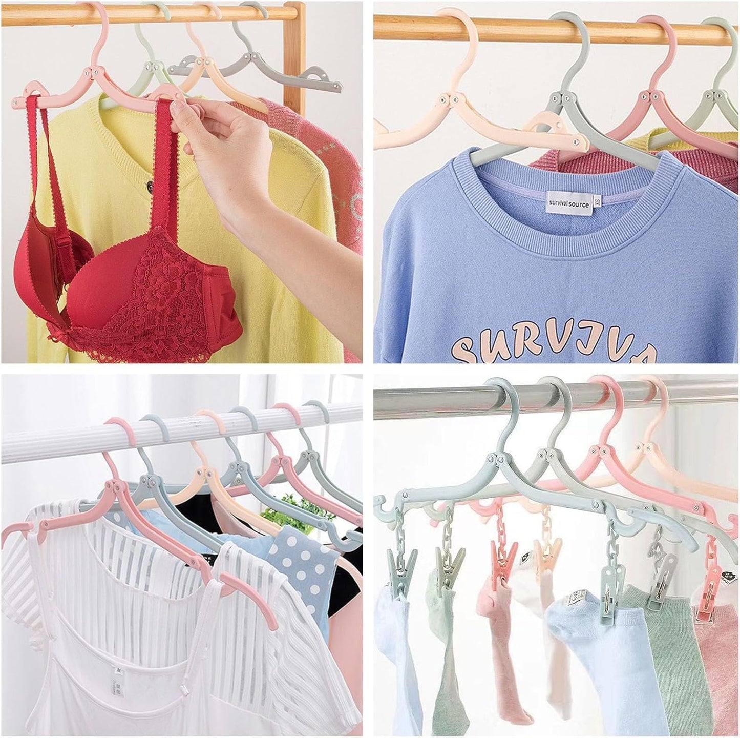 24 Pcs Travel Hangers with 48 Pcs Clips,Portable Folding Clothes Hangers Travel Clothes Hangers Travel Accessories Foldable Clothes Drying Rack for Travel Plastic Non Slip Clothing Hangers 4 Colors