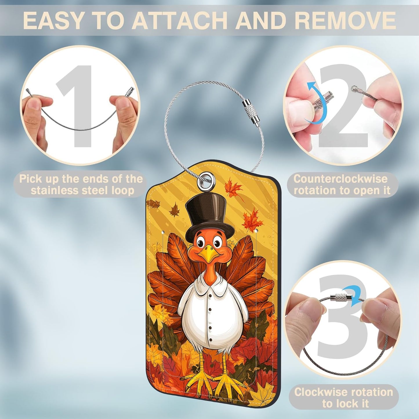 2 Pcs Autumn Turkey Luggage Tags for Suitcases PU Leather Baggage Tags Name ID Label with Privacy Cover and Stainless Steel Loop for Men Women Travel Bag Suitcase