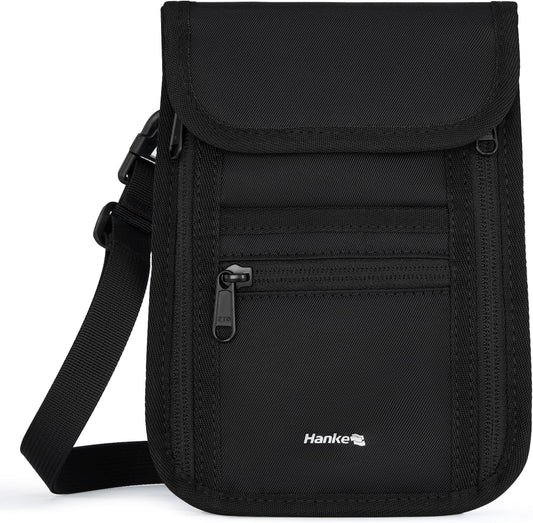 Hanke Passport Holder, Travel Wallet for Womens and Men, Neck Wallet Hidden Passport Pouch for Travel Adjustable Lightweight Thin with 6 compartments (Black)