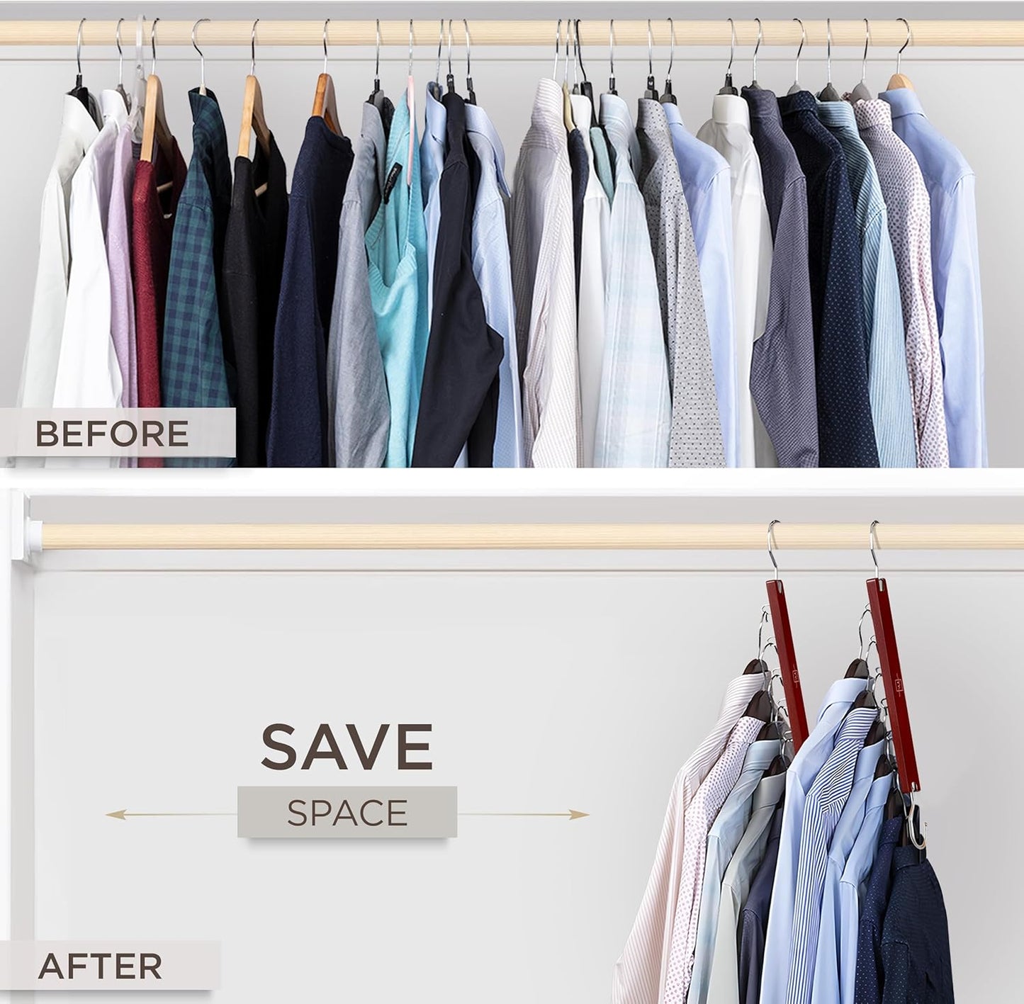 MORALVE Space Saving Hangers for Closet – 4 Pack European Beechwood 6-Tier Shirt Organizer with 360° Swivel Hook – Collapsible Clothes Hanger for Closet Organization (Hangers Not Included)