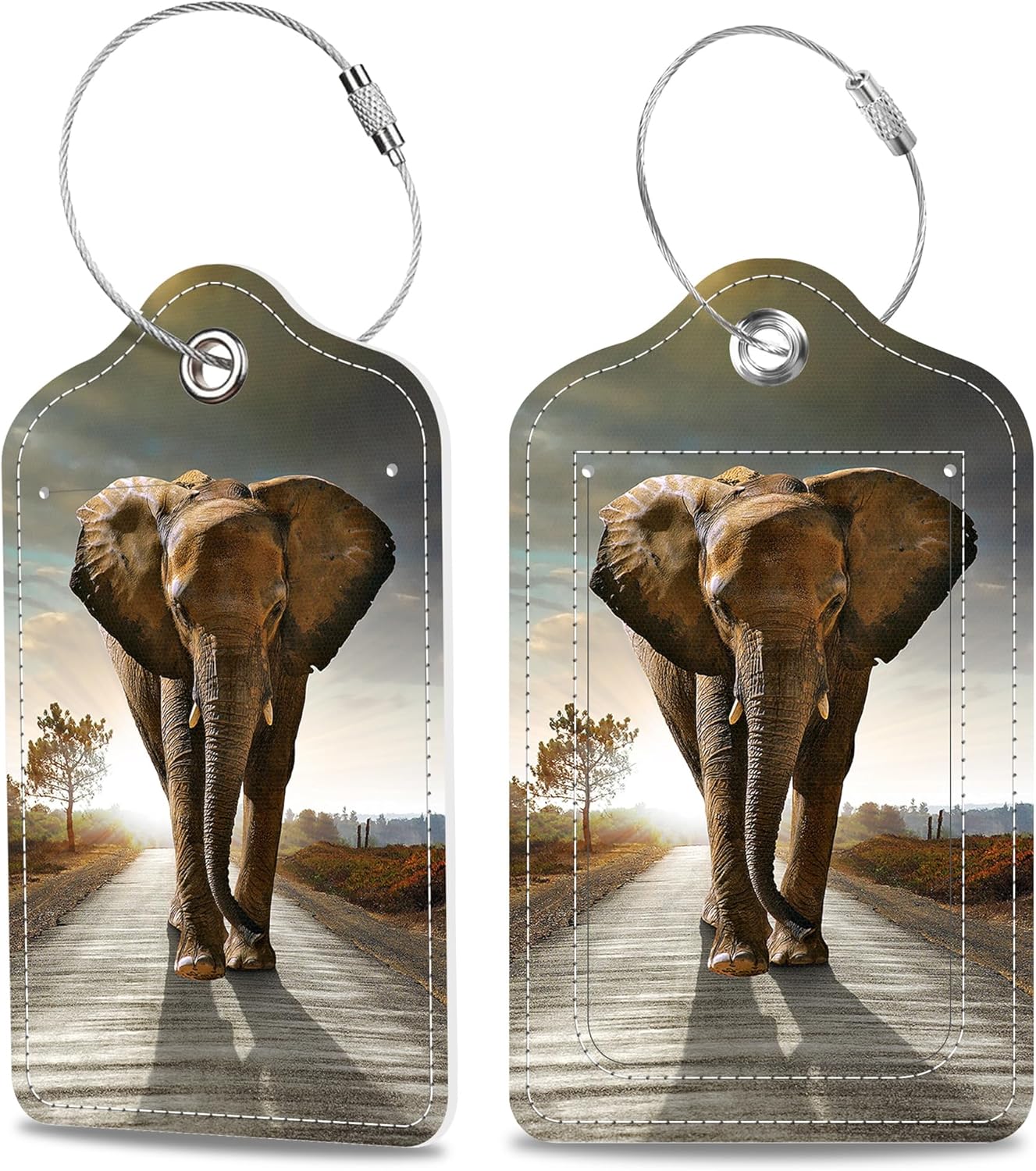 2 Pack Luggage Tags for Suitcase Elephant Walking with The Sun Leather Stainless Steel Loop Label Tags for Women Men Travel Bag Suitcase with Privacy Cover Name ID Card