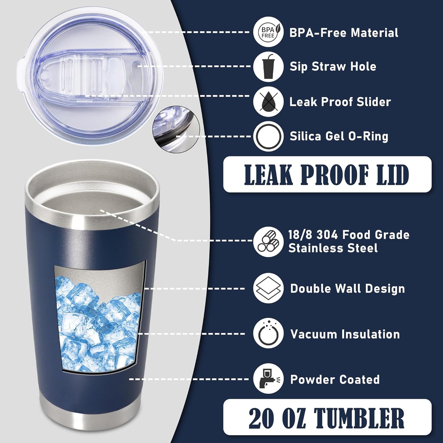 20 oz Tumbler Coffee Tavel Tumblers Bulk with Lid Stainless Steel Double Wall Vacuum Insulated Mug Powder Coated Cups fit Car Cupholder for Hot and Cold - Navy, 4Pack