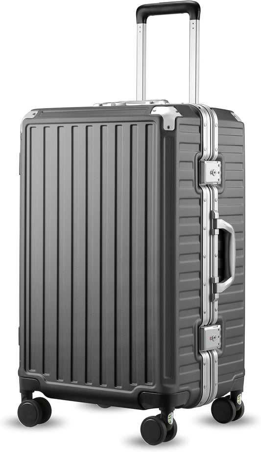 LUGGEX Checked Luggage with Spinner Wheels, 24 Inch Aluminum Frame Zipperless Polycarbonate Hard Shell Suitcase, Charcoal Metallic