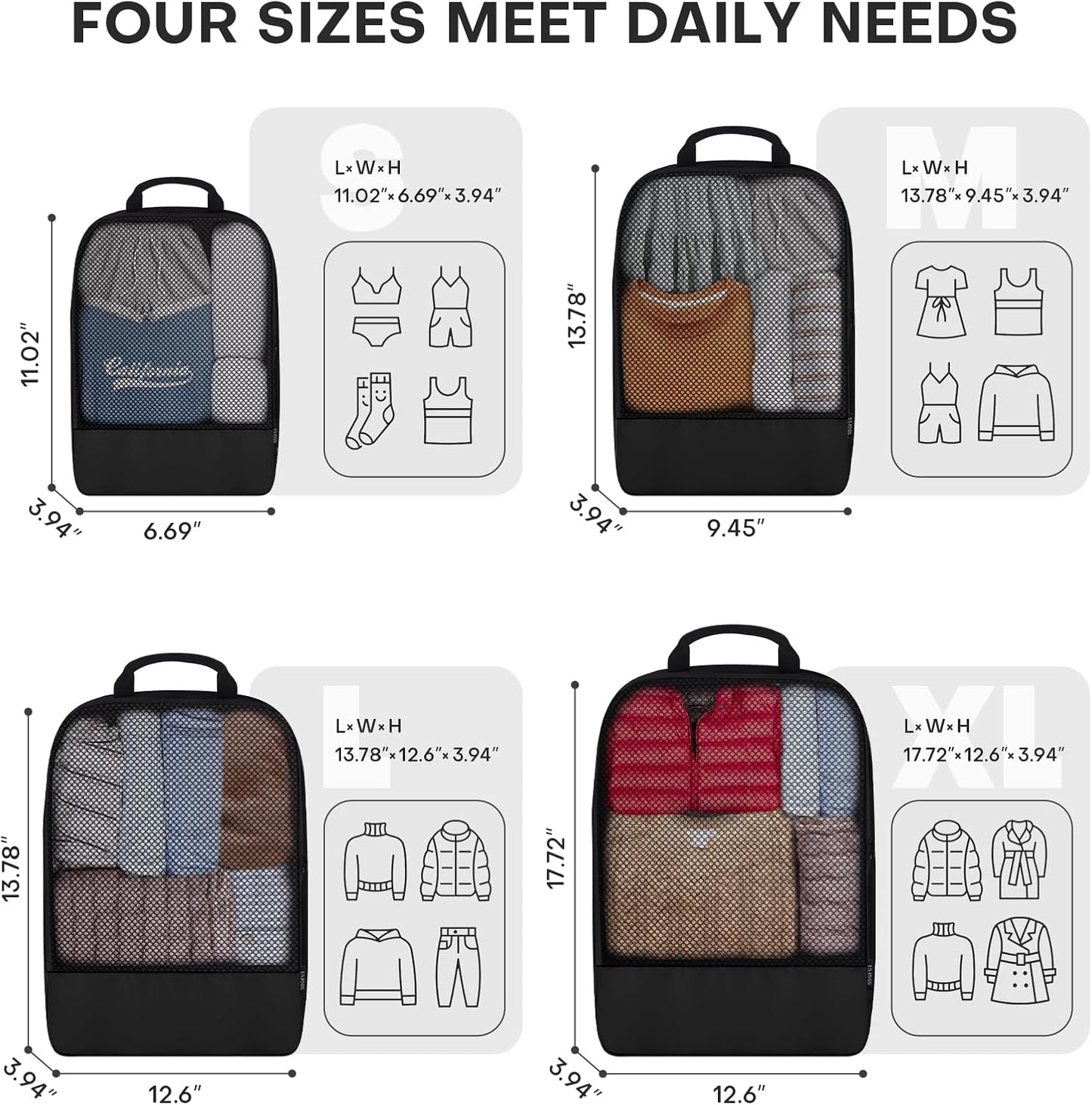 4 PCS Set Compression Packing Cubes for Travel, Lightweight Packaging Organizer Bags for Carry On Space Saving, Travel Essentials Cubes for Suitcase Backpack, Black