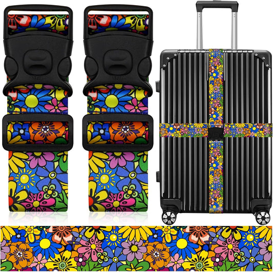 2 Pack Luggage Straps for Suitcases, Adjustable Travel Belt with Double Lock and Quick Release Buckle, Heavy Duty Nylon Bag Packing Strap, Bright Identifiers Business Travel Accessories-Sun Flowers