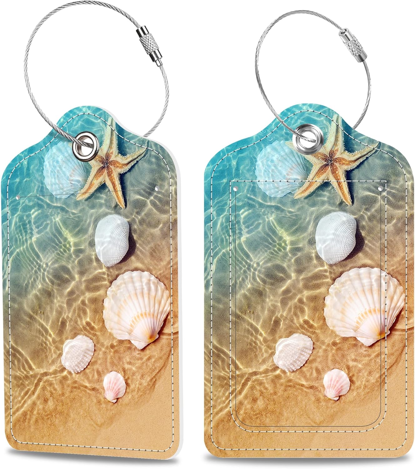 Luggage Tags for Suitcase Starfish and Seashell in Sea Water 2 PCS Leather Travel Cruise Luggage Tag with Stainless Steel Loop Name ID Label Privacy Cover for Women Men Travel Bag Labels Set