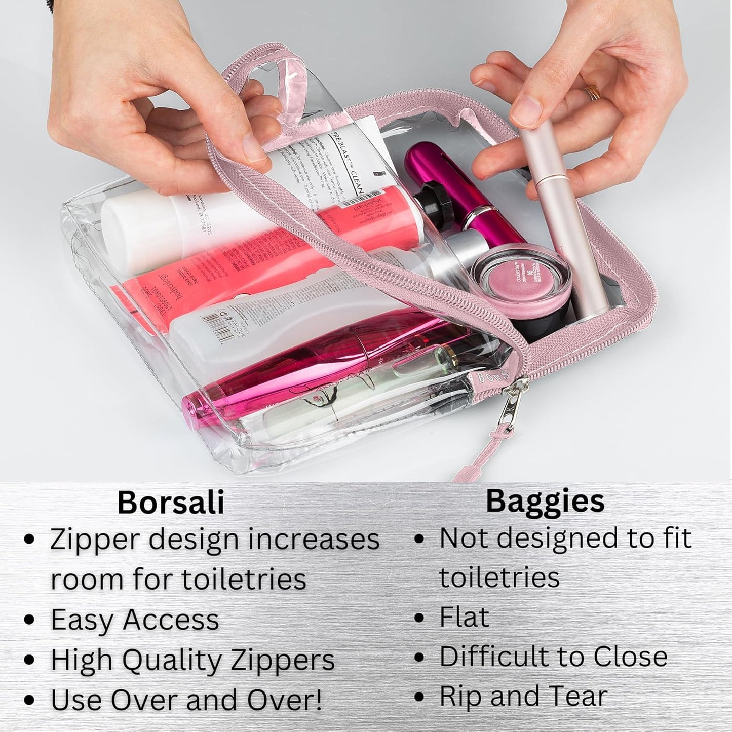 BORSALI TSA Approved Toiletry Bag - Clear Quart Size for 3-1-1 Carry On Travel - Makeup Organizer Cosmetic Pouch with Zipper - Travel Accessories - Rose
