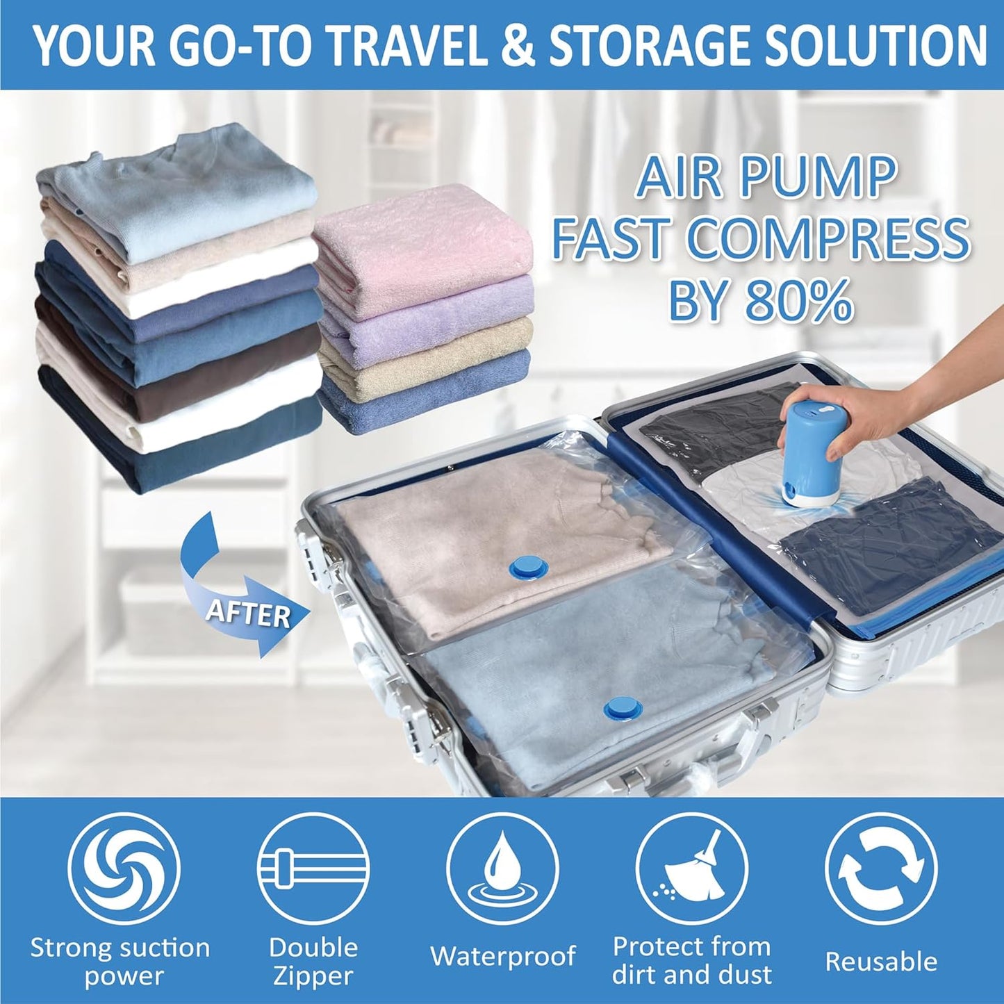 Cozy Essential Travel Vacuum Bags with Rechargeable Electric Pump, 10 Pack Vacuum Travel Bags for Luggage and Suitcase, Vacuum Seal Space Saver Compression for Clothes Clothing