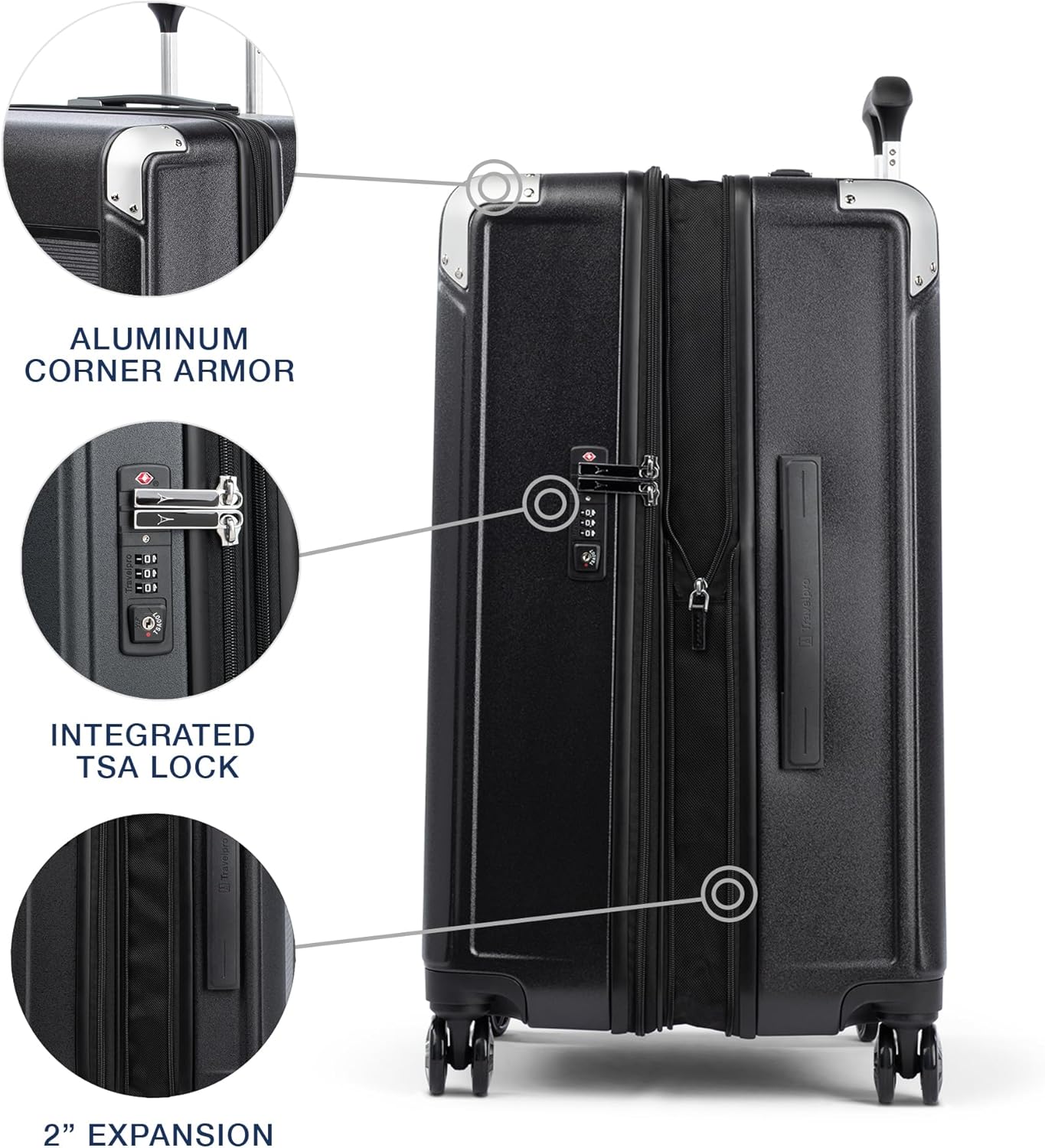 Travelpro Platinum Elite Hardside Expandable Checked Luggage, 8 Wheel Spinner, TSA Lock, Hard Shell Polycarbonate Suitcase, Shadow Black, Checked Medium 25-Inch