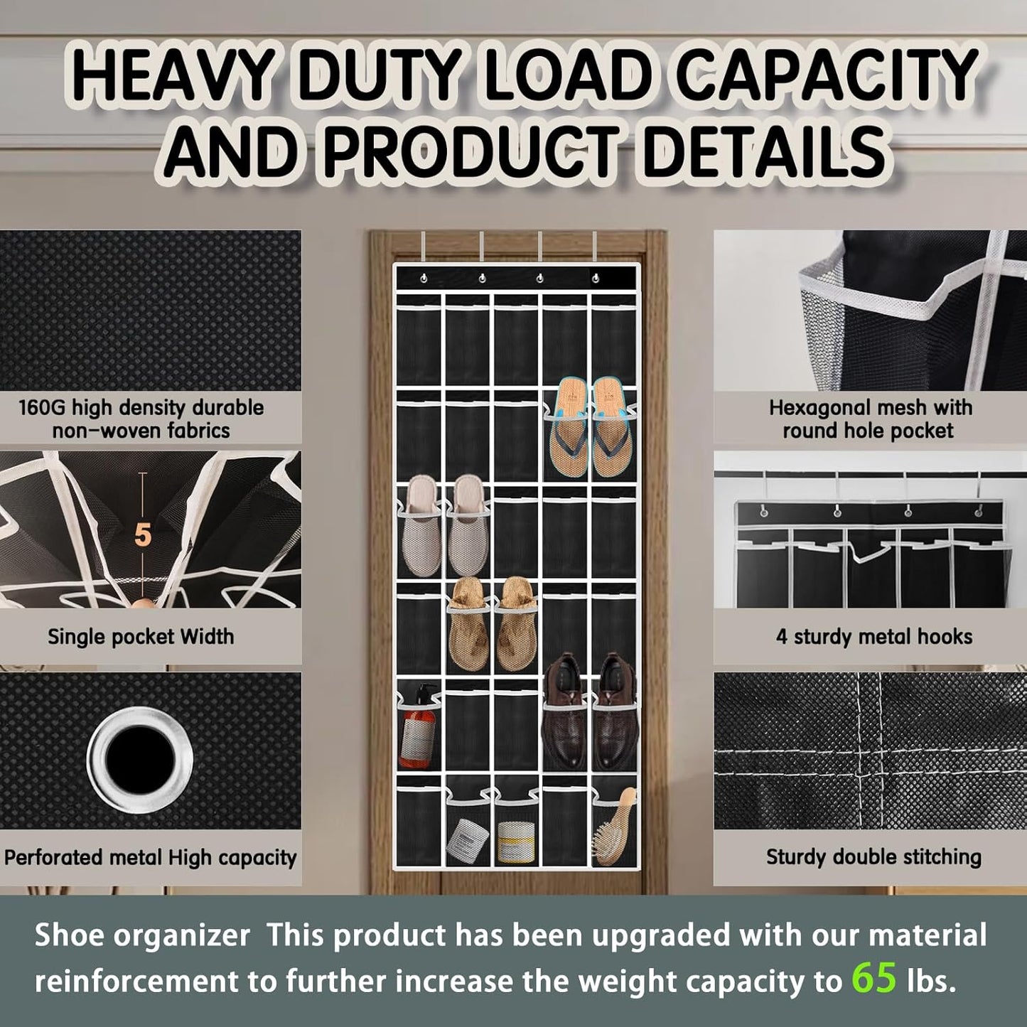 Over the Door Shoe Organizer with 30 Breathable Mesh Pockets - Large Capacity Closet Storage for Men & Women, Hanging Shoe Rack Organizer (Solid black)