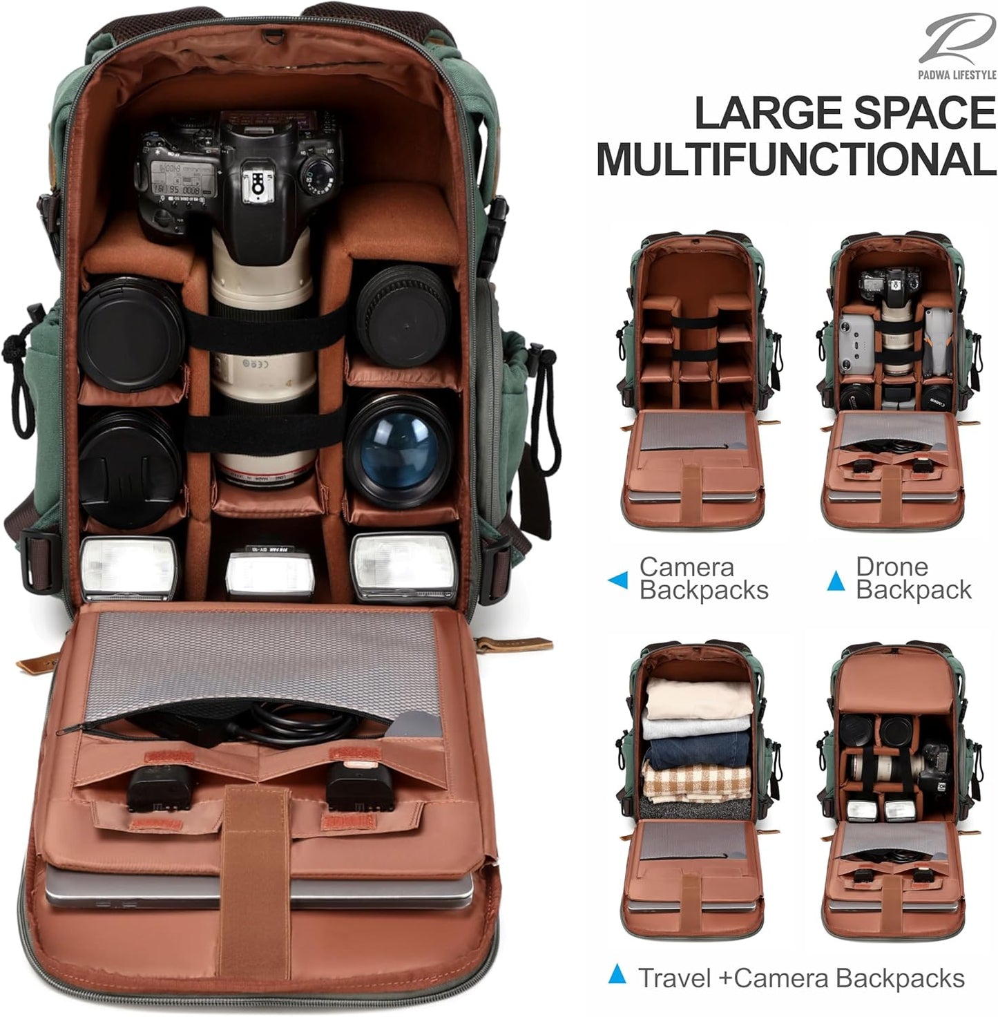 Padwa Lifestyle Green Camera Backpack - Professional DSLR & UAV Camera Bag,Anti Theft Canvas Camera Backpacks with Rain Cover,Large Capacity Photography Travel Camera Bag with Multi Compartments