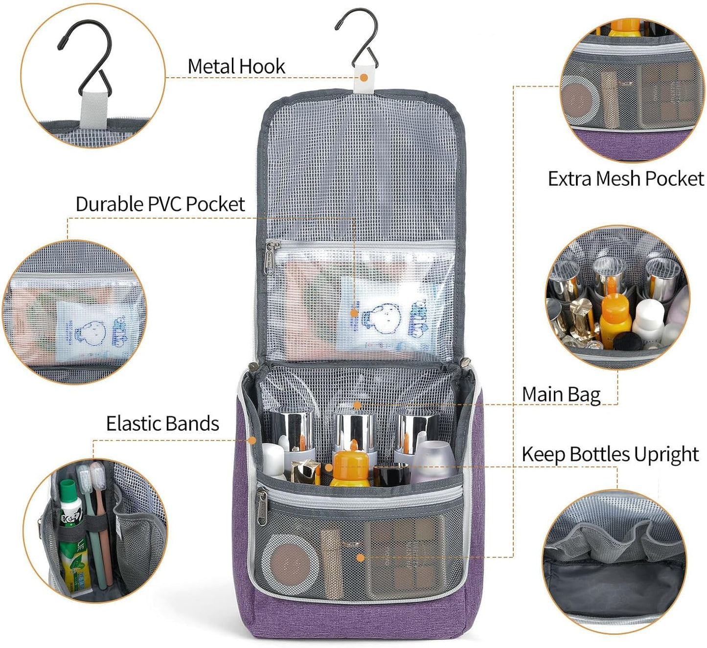 Della Gao Hanging Toiletry Bag for Women, Travel Toiletry Bags Makeup Bag Organizer, Water-resistant Cosmetic Bag for Essentials Accessories (Purple)