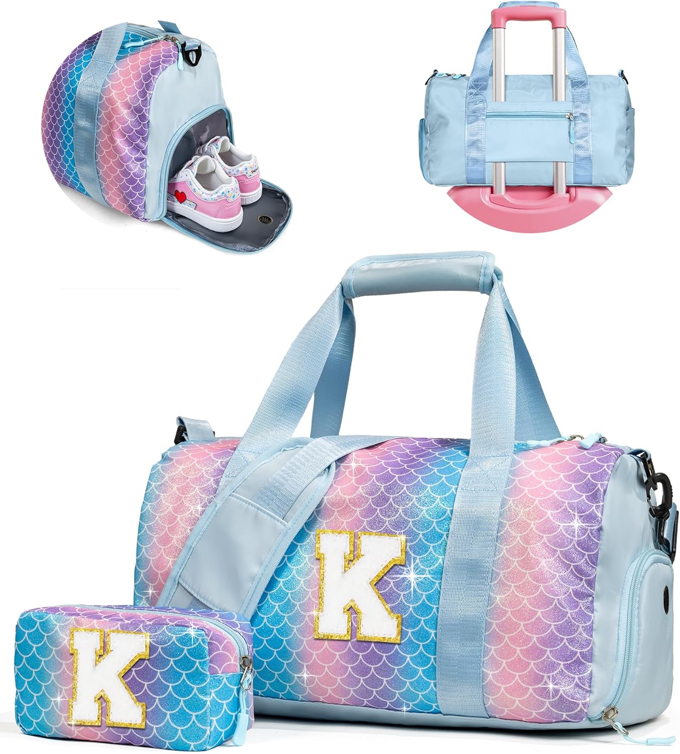 Girls Cheer Up Gifts-Girl Gym Bag with Shoe Compartment, Kid Personalized Weekender Overnight Bags, Initial Travel Tote with Makeup Pouch, Graduation Gift for Niece Kids Daughter (Letter K)