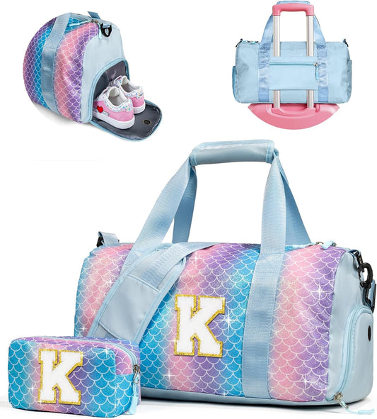 Girls Cheer Up Gifts-Girl Gym Bag with Shoe Compartment, Kid Personalized Weekender Overnight Bags, Initial Travel Tote with Makeup Pouch, Graduation Gift for Niece Kids Daughter (Letter K)