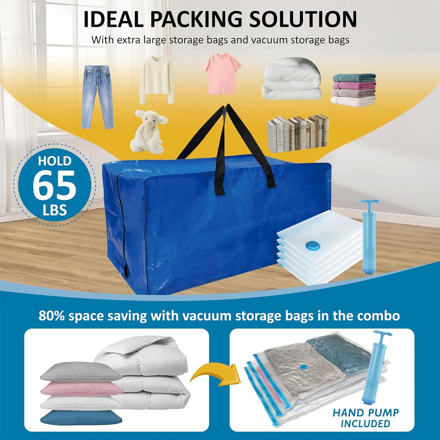 10 Pack Heavy Duty Extra Large Moving Bags with Backpack Straps & Vacuum Storage Supply Combo, Totes Handles Zippers for Space Saving, Fold Flat, Includes Bags, Blue, (HEV10)