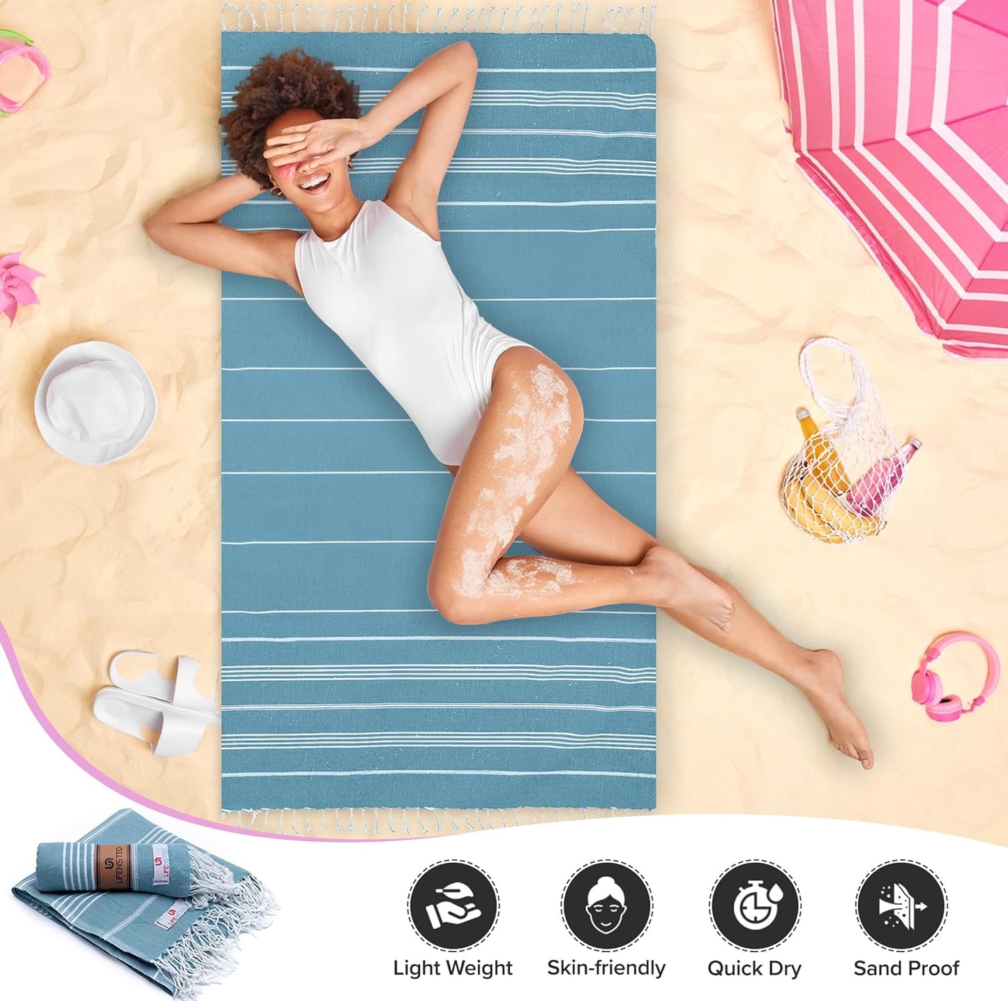 Turkish Beach Towel - 40x71 inch Oversized Sand Resistant Prewashed Turkish Towel - 100% Turkish Cotton Quick Drying, Compact, Lightweight Turkish Towel for Beach, Bath, Pool, Gym, Yoga