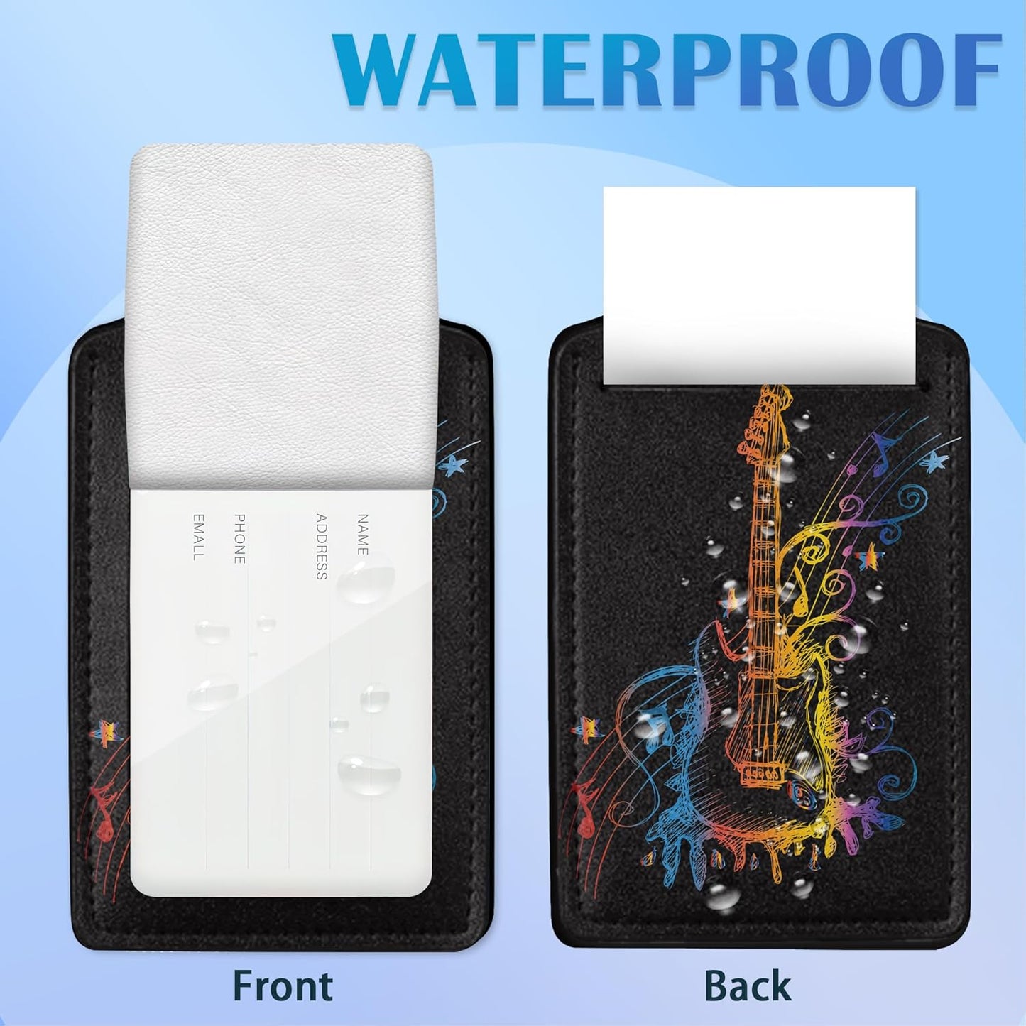 2 Pack Luggage Tags with Colorful Guitar for Suitcases, Burning Electric Guitar PU Leather Luggage Tag Accessories Privacy Cover ID Label with Stainless Steel Loop for Travel Bag for Women Girls