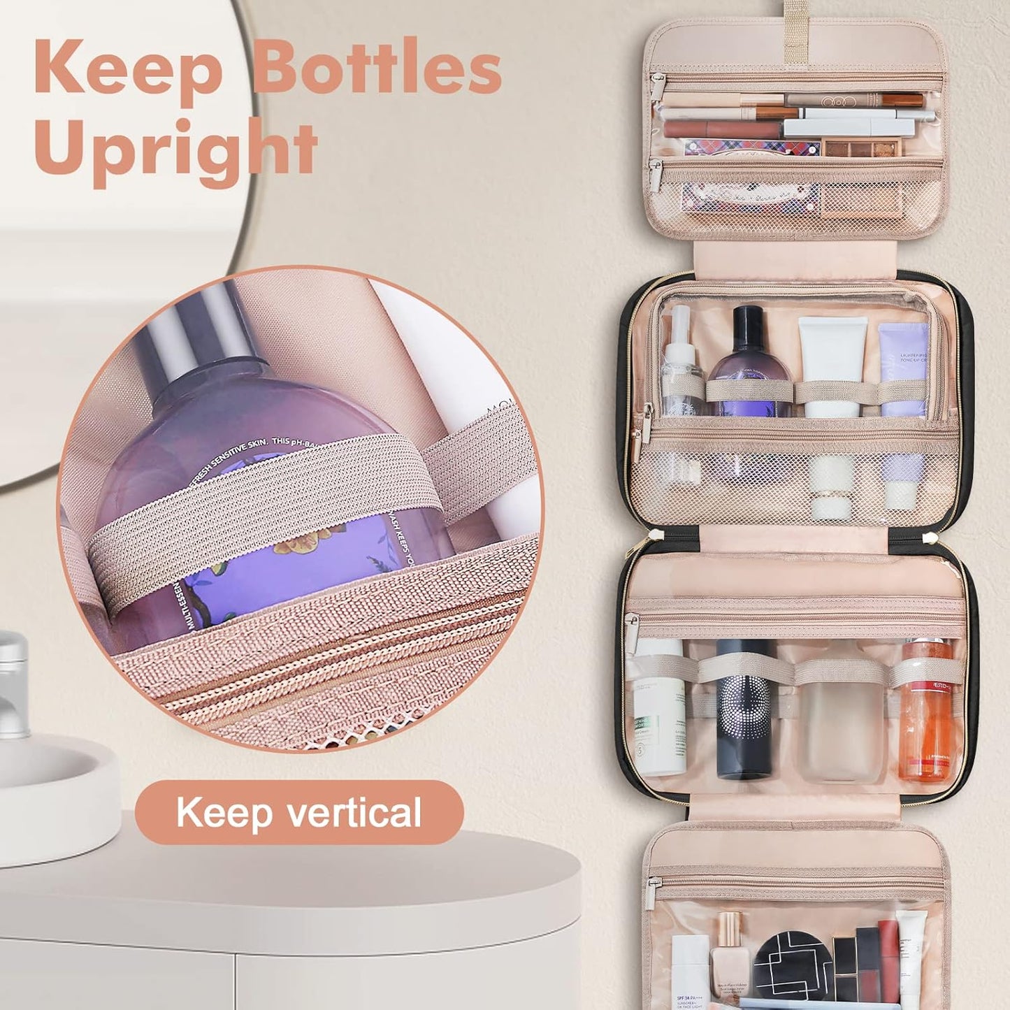 Wedama Toiletry Bag for Women, Large Cosmetic Travel Bag, Hanging Toiletry Bag for Bathroom, Thickened PVC Waterproof Makeup Bag, Toiletries Bag for Travel Business Trips and Camping, Black