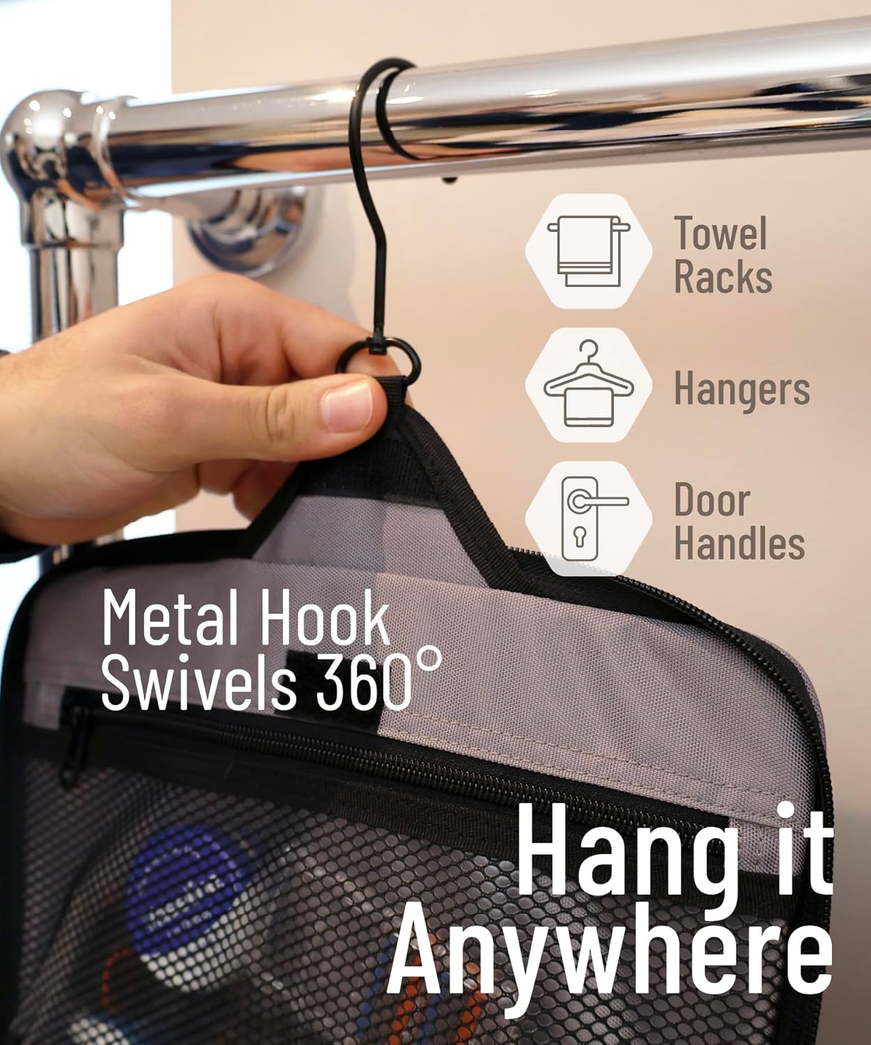 D&D Hanging Travel Toiletry Bag for Men and Women - Extra Large Hanging Shower Bag and Toiletries Organizer Kit with 10 Compartments, Quality Zippers, XXL Metal Swivel Hook, Water-Resistant Nylon