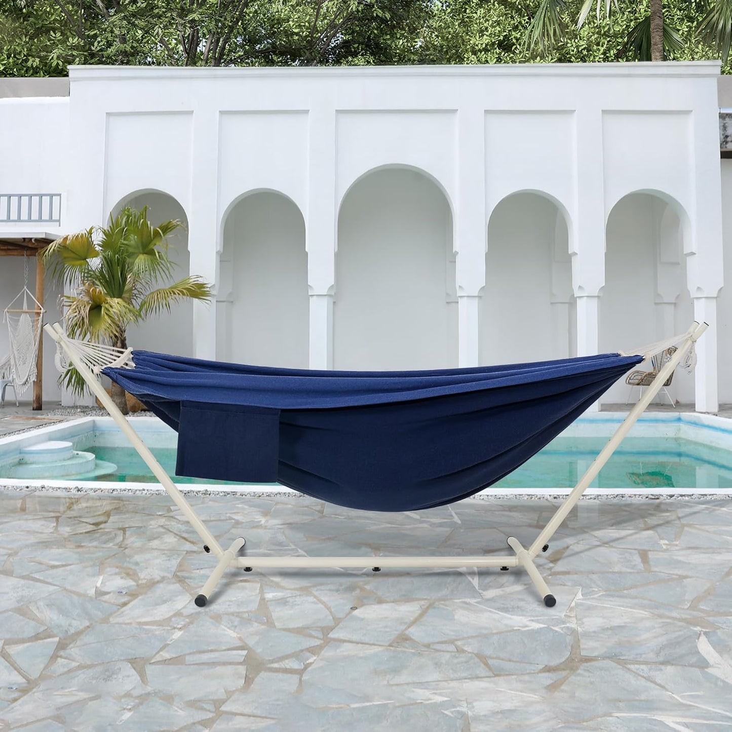 LazyDaze Hammocks Double Hammock with Stand - 2 Person Heavy Duty Outdoor Hammock for Adults, Includes Durable Steel Stand, Portable Carrying Bag and Pillow, Navy Blue