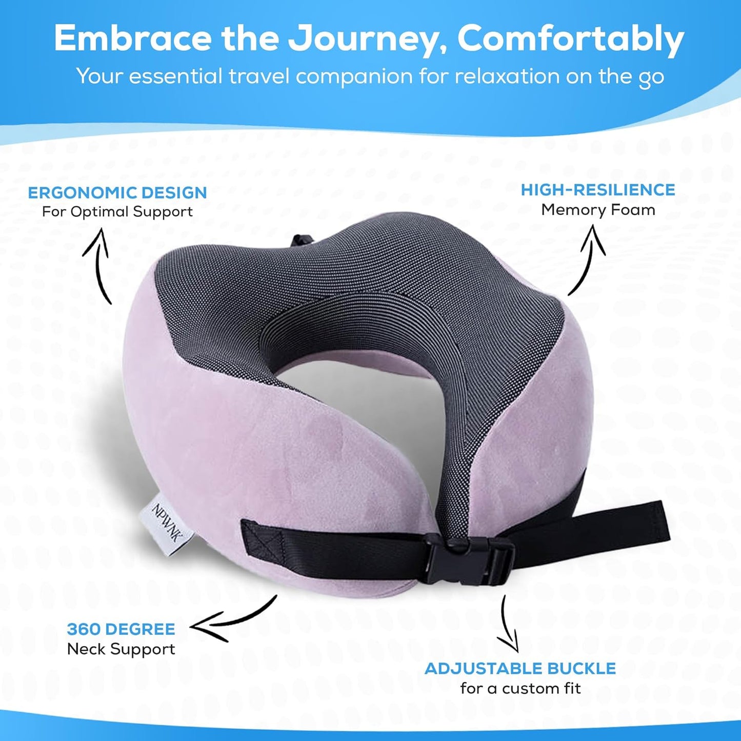 Pure Memory Foam Travel Pillows for Airplanes – Ergonomic Design with Adjustable Fit, Machine Washable, 3D Eye Mask & Compact Plane Pillow for Traveling – Grey & Pink