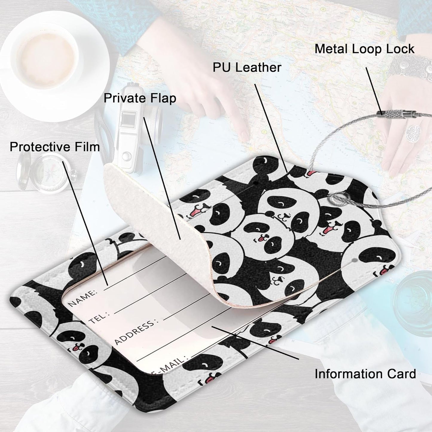 2Pcs Luggage Tag for Suitcase Panda Cartoon Cute Suitcase Tag with Privacy Flap & Name ID Label & Metal Loop,Travel Bag Luggage Tags for Women