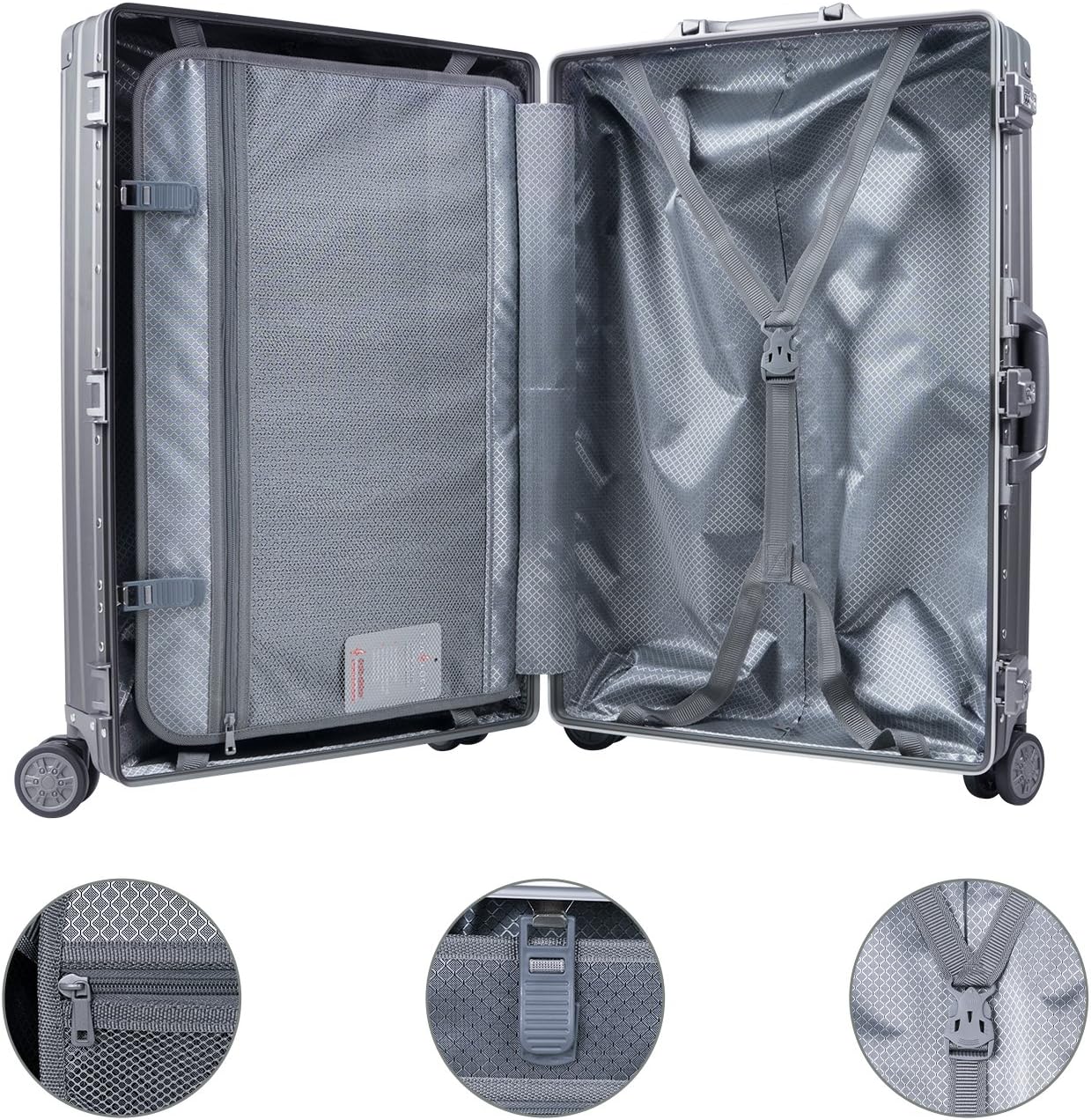 TRAVELKING All Aluminum Carry On Luggage Zipperless Hard Shell Luggage Case with TSA Lock Spinner Alloy Metal Suitcase (Grey, 20")
