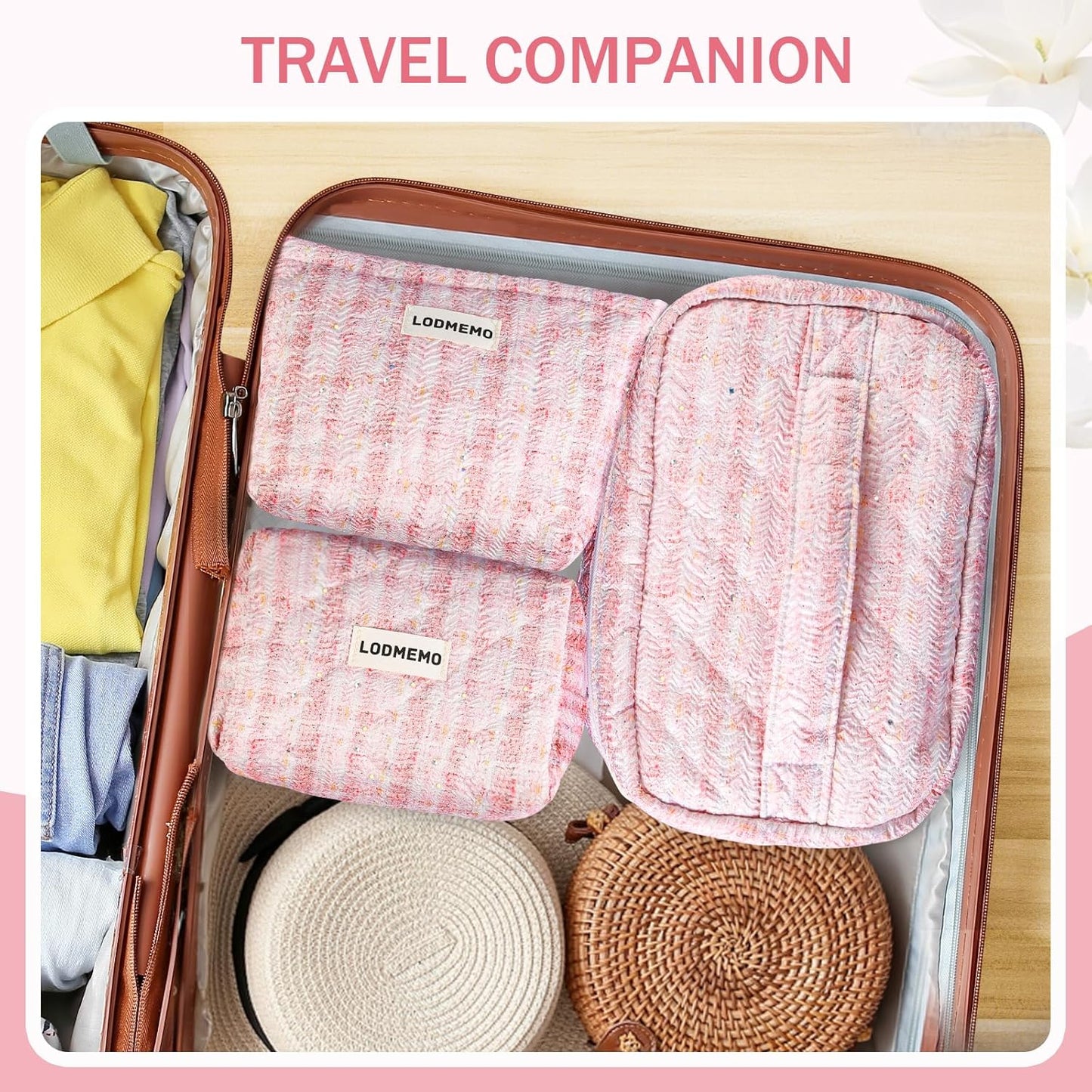 Makeup Bag 3 PCS Quilted Cosmetic Bags for Women, Large Travel Make up Bag Set Cute Cotton Toiletry Bag Organizer Pouch for Purse, Pink