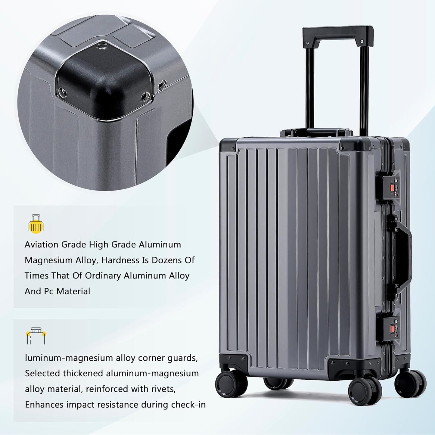 YYW Aluminum Carry-On Luggage Airline Approved Lightweight Suitcase with TSA Lock and Silent Wheels, Hardshell Spinner Business Travel (Gunmetal gray, 24in)