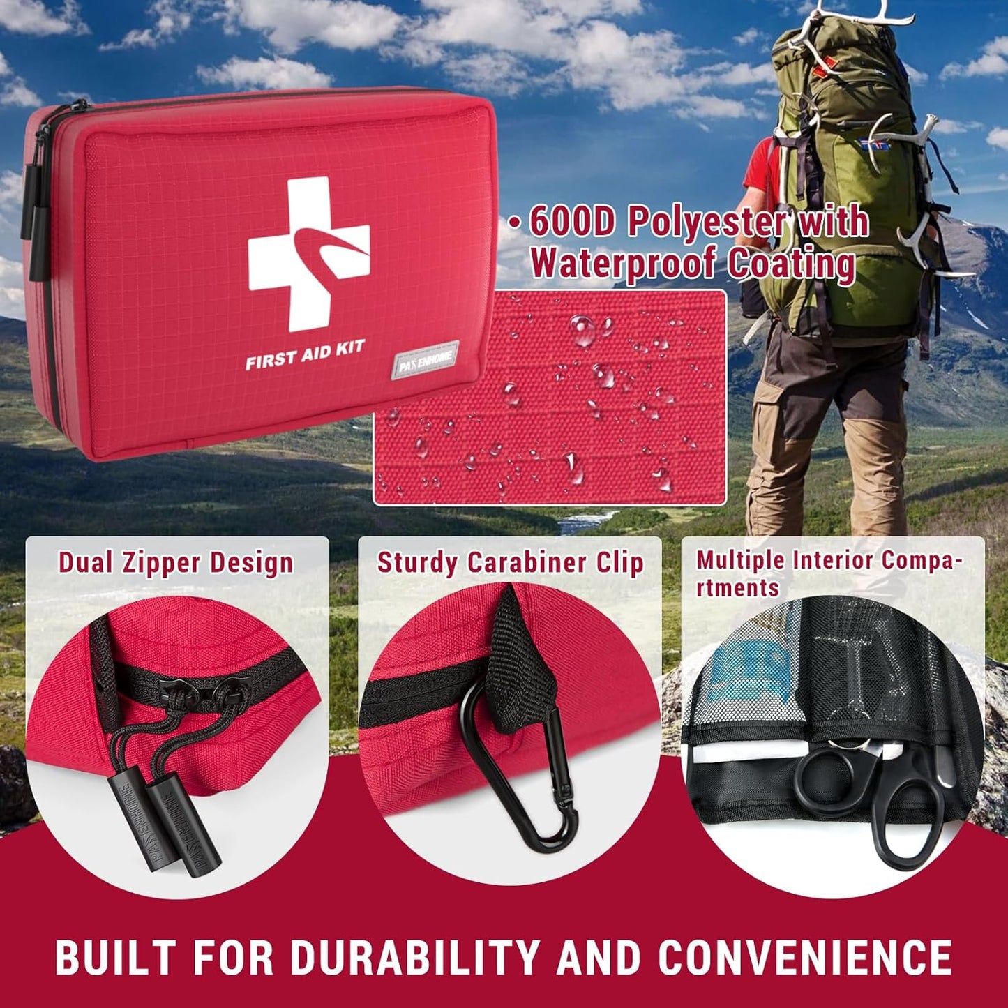 Compact First Aid Kit 300 PCS – Small Waterproof Emergency Medical Kit for Home, Car, Travel, Camping, Hiking, Truck, Office, Sports & Outdoor – Lightweight First Aid Bag