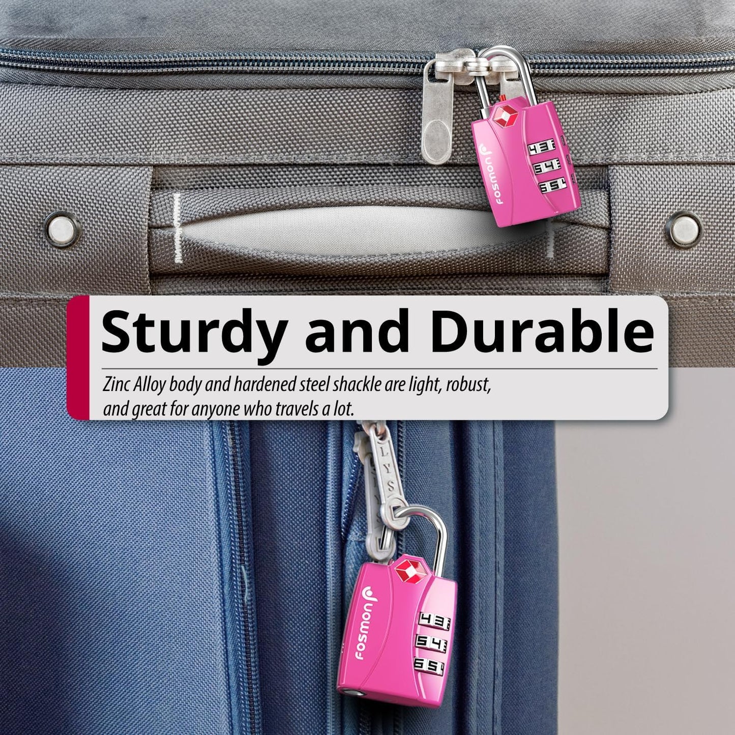 Fosmon TSA Approved Pink Locks for Luggage. Cute Locker Suitcase Lock with Open Alert Indicator, 3 Digit Combination Padlock with Alloy Body for Travel, Backpack Zipper Anti Theft, Gym, Women- 2 Pack