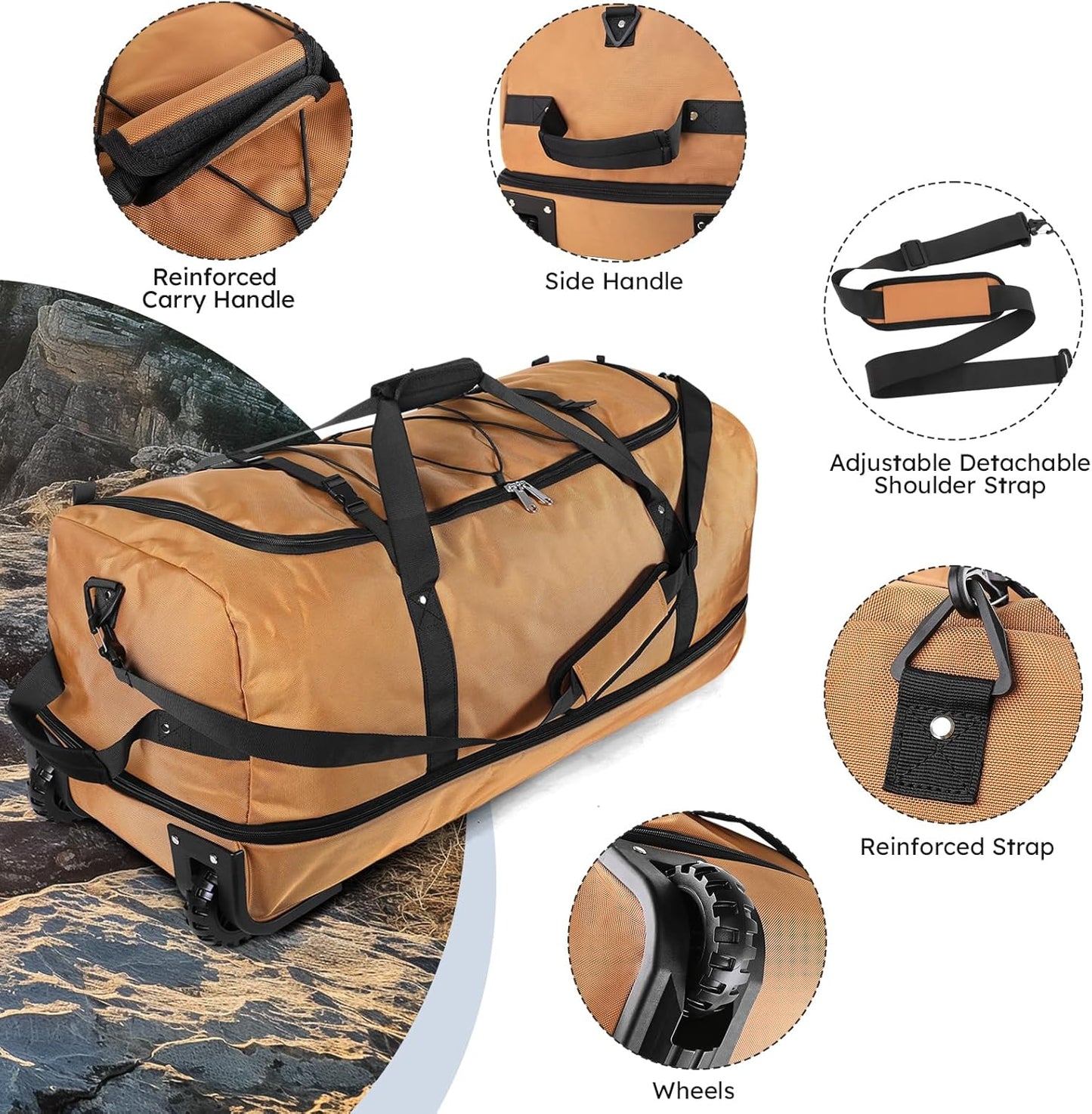 110L Expandable to 140L 32” Foldable Oxford Soft-Sided Rolling Duffle Bag with 2 Heavy-Duty Wheels,3 Large Compartments,Adjustable Shoulder Strap and Attached Organizer Pouch,Coffee