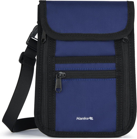 Hanke Passport Holder, Travel Wallet for Womens and Men, Neck Wallet Hidden Passport Pouch for Travel Adjustable Lightweight Thin with 6 compartments (Navy Blue)