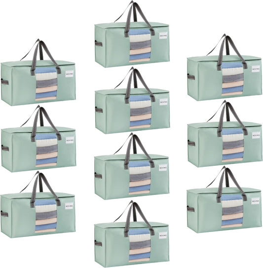 VENO 10 Pack Moving Bags, Comforter and Blanket Storage Bags for Closet, Moving Boxes, Boxes with Lids Alternative, College Dorm Packing Supplies, Foldable Heavy-Duty Tote (Light Green Matte, 10 Pack)