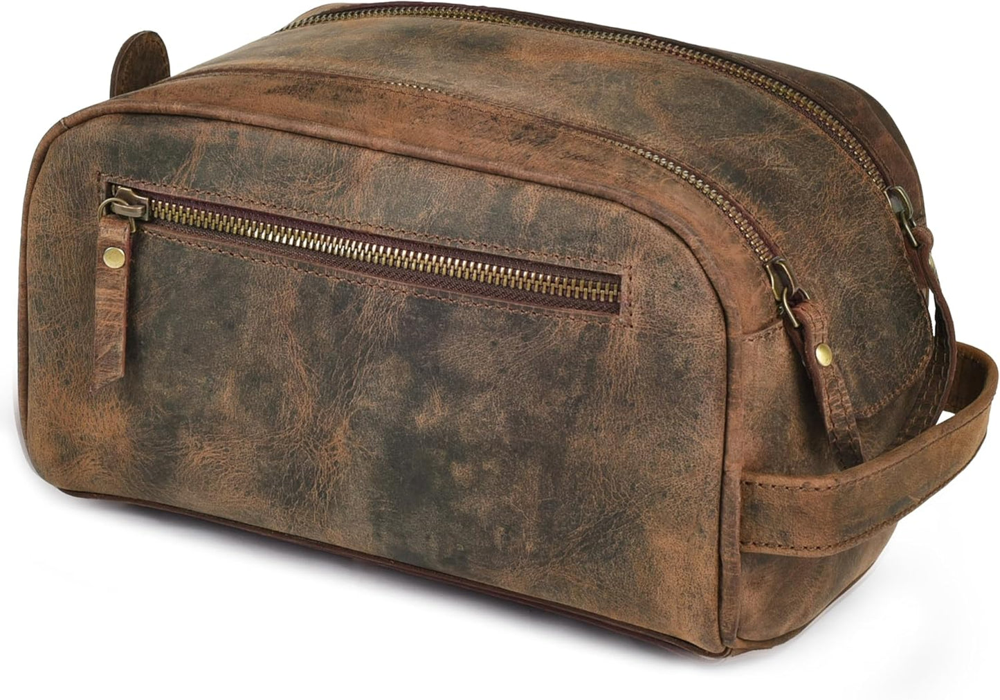 LEATHER VILLAGE Premium Leather Toiletry Travel Pouch With Waterproof Lining - Brown | King-Size Handcrafted Vintage Dopp Kit Bag
