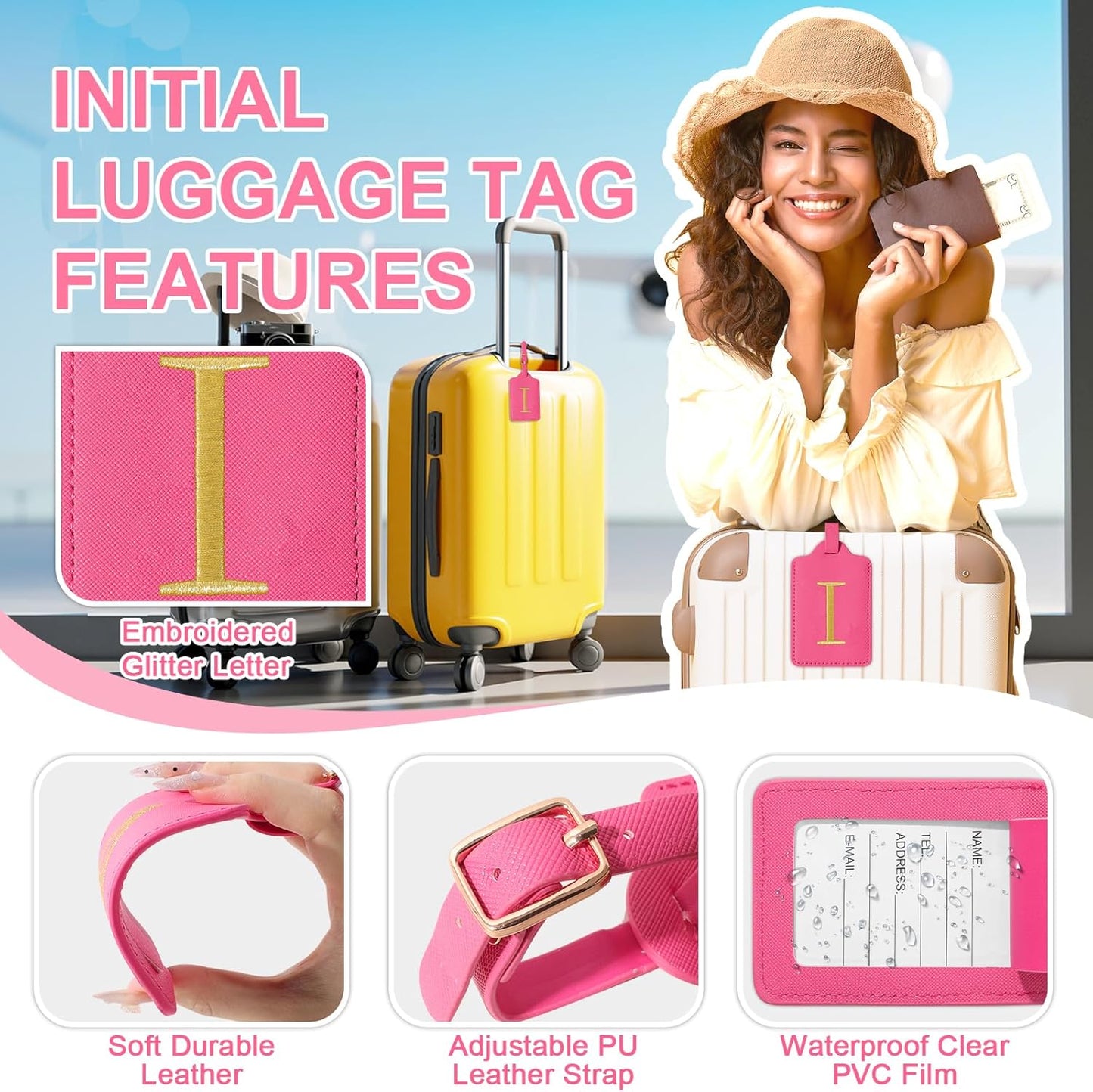 Personalized Initial Luggage Tags for Suitcase, Rose Red Leather Cute Luggage Tags with Privacy Cover Name Card, Embroidered Custom Monogram Luggage Tags Travel Backpack Tag Gifts for Women Kids(I)