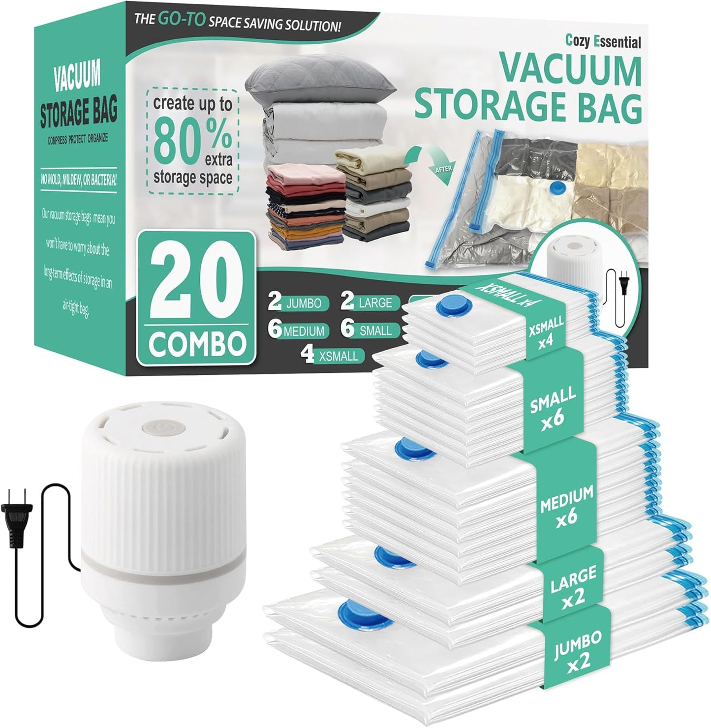 Cozy Essential 20 Pack Vacuum Storage Bags with Electric Pump, Vacuum Seal Space Saver Bags for Clothing, Pillows, Blanket, Bedding, Comforters