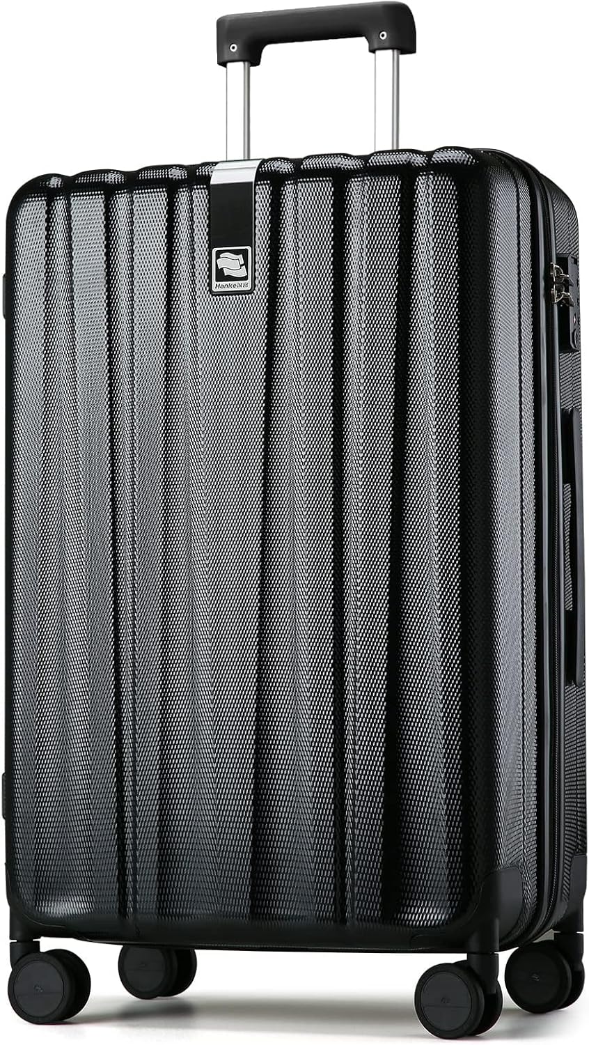 Hanke 29 Inch Luggage Suitcases With Spinner Wheels Lightweight PC hardside Rolling Suitcase With Travel Lock, Checked-Large 29-Inch(Jet Black)